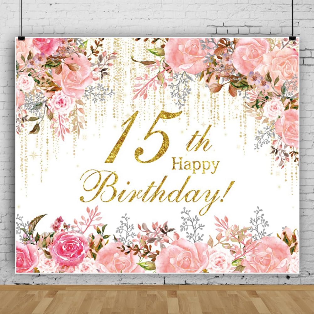 Pnylzzyxh 15th Birthday Backdrop Banner Happy 15th Birthday Decorations Girl 10x8ft Quinceanera Backdrop Watercolor Floral Photography Background Cake Table Supplies Photo Studio Props