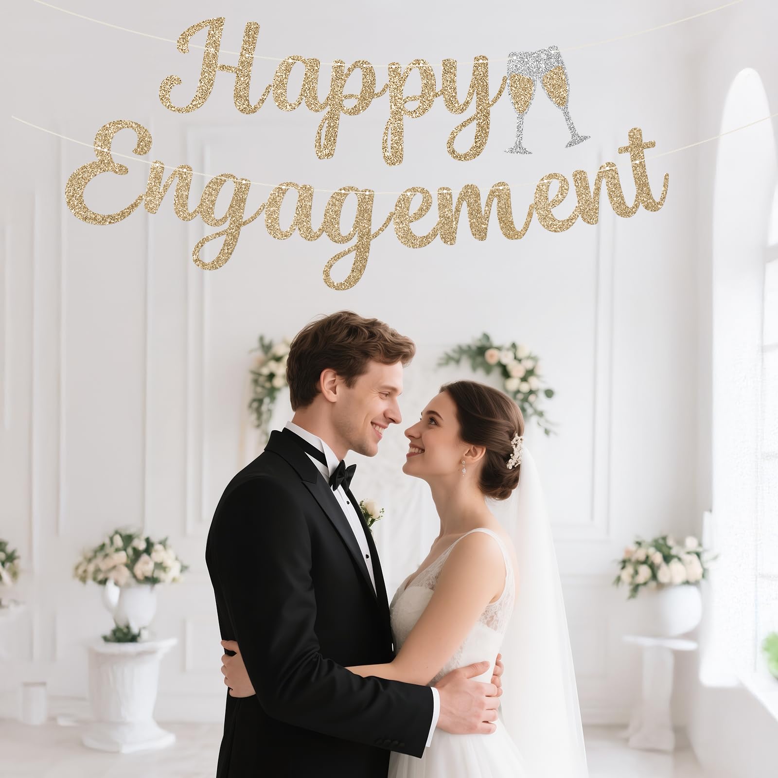 Pre-Strung Happy Engagement Banner - NO DIY Engagement Sign Gold Glitter