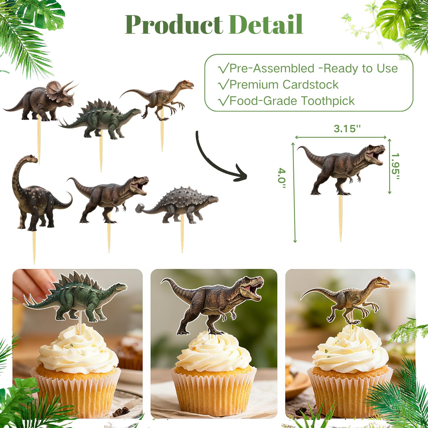 ALISSAR 36 Pcs Dinosaur Cupcake Toppers - Dino Cake Toppers, Dinosaur Cake Decorations, Party Favors, Dino Party Decorations, Dinosaur Birthday Decorations