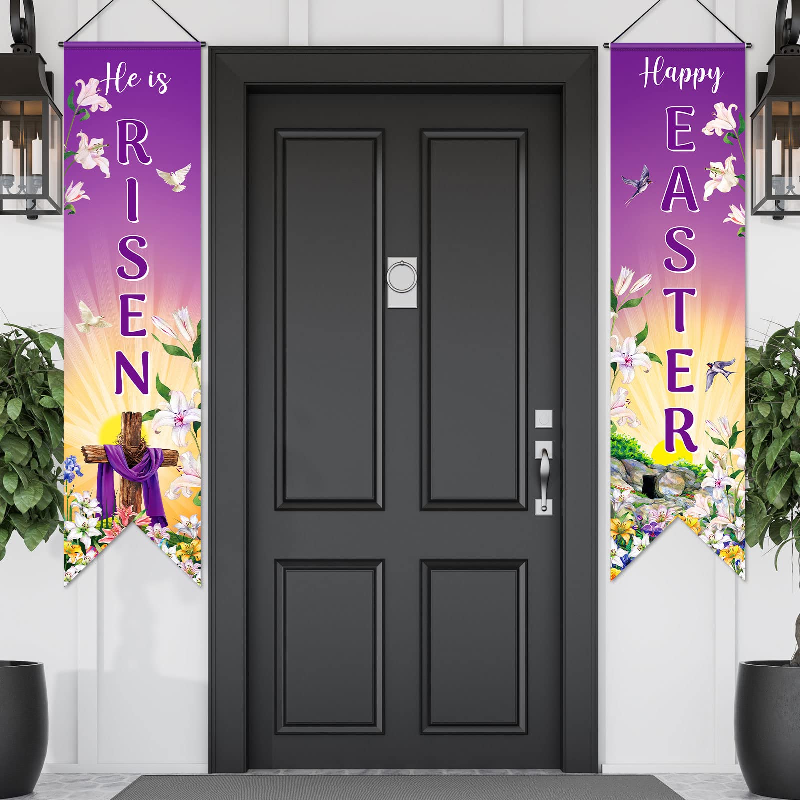 Outus Happy Easter Door Banner He Is Risen Porch Sign Decoration Christian Wall Hanging Banner Jesus Cross Religious Spring Background Photo Prop Backdrop for Home Outdoor Indoor Party Supplies