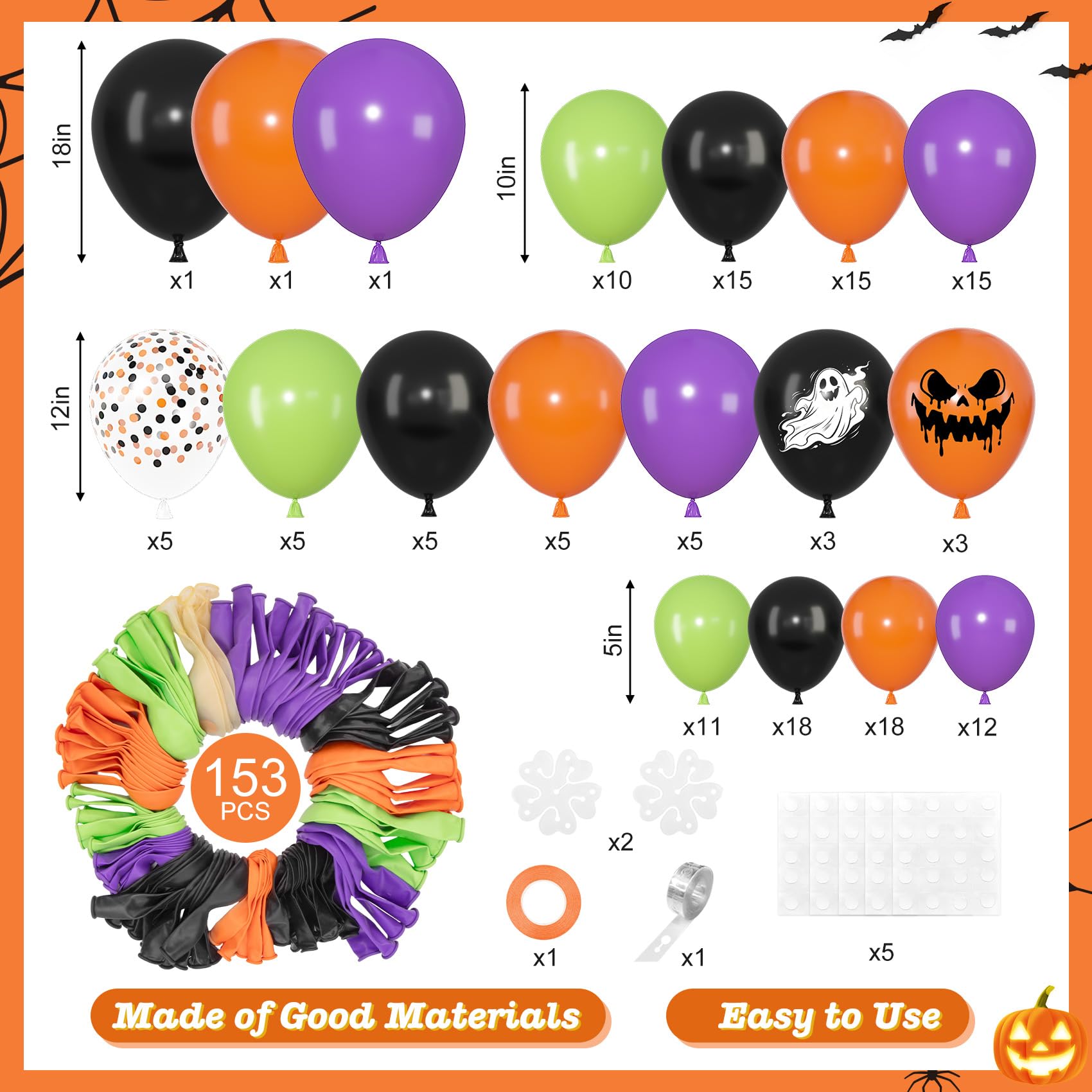 Amandir 153pcs Halloween Balloon Arch Kit Ghost Print Halloween Balloons