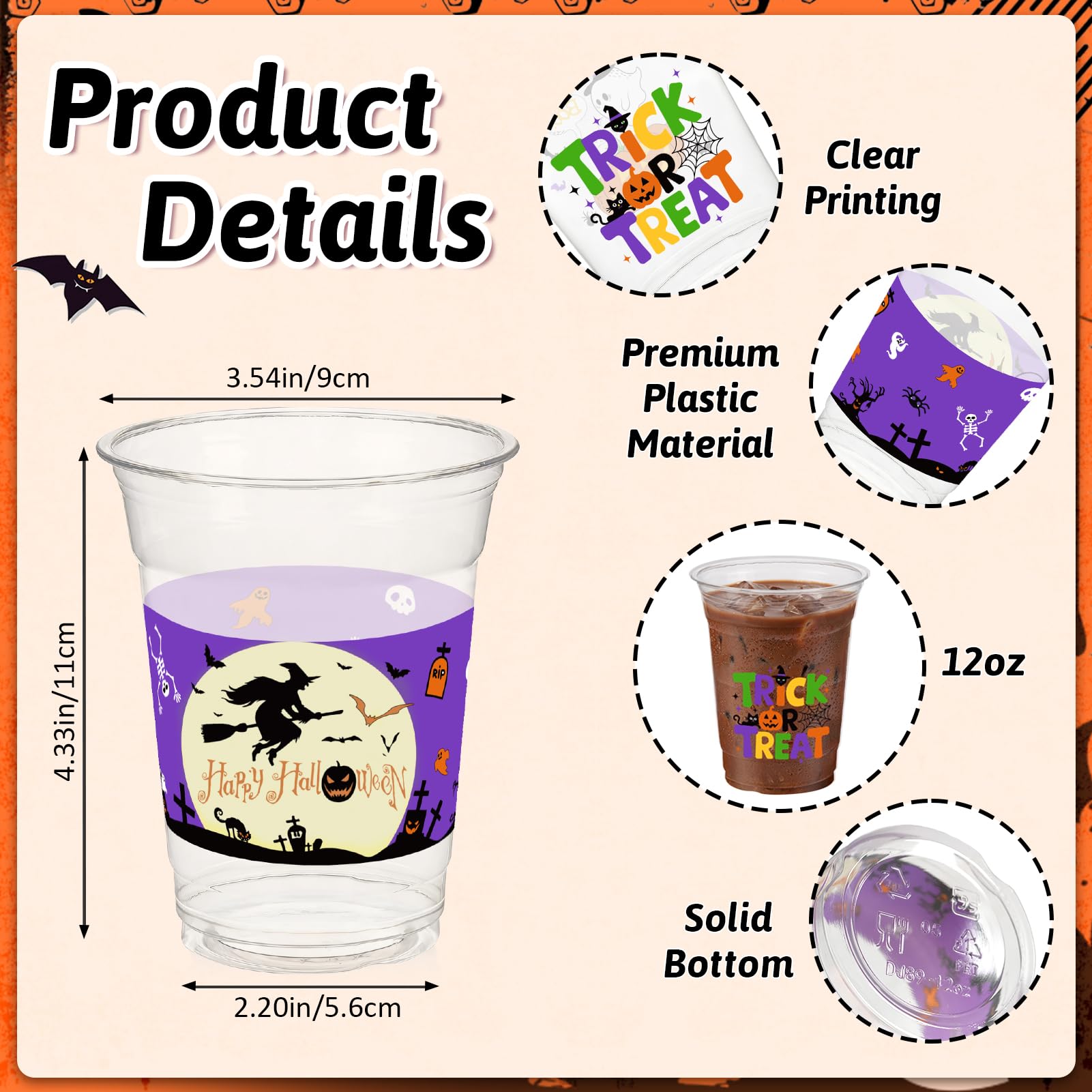 GuassLee 50 Pack Disposable Halloween Cups - Clear 12Oz Disposable Plastic Cups Set with 2 Styles Patterns for Kids Adults Halloween Party Favors Coffee Wine Hot Cold Drinks