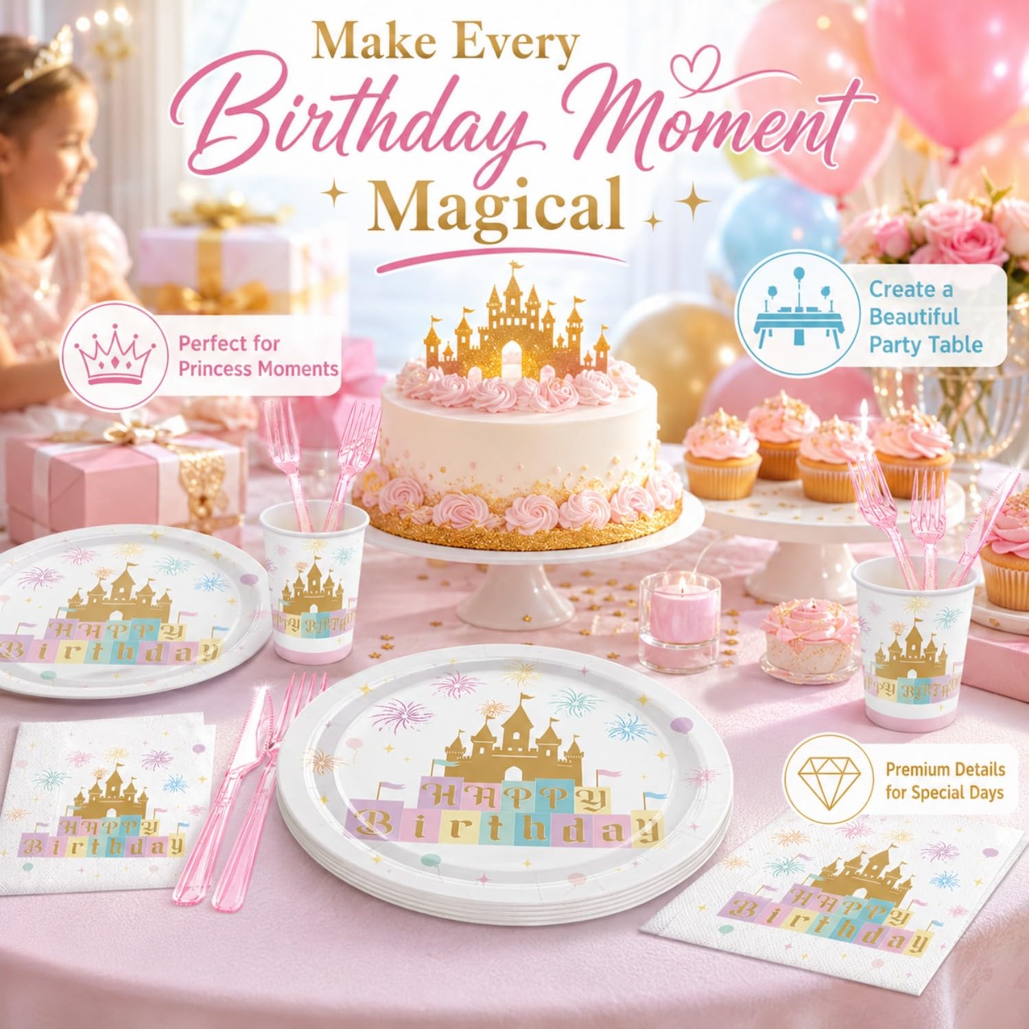 120Pcs Princess Castle Birthday Party Decorations,Pink Princess Birthday Themed Tableware,Includes Rainbow Gold Castle Paper Plates,9oz Cups,Napkins for Girls Birthday Party Supplies,Serves 20