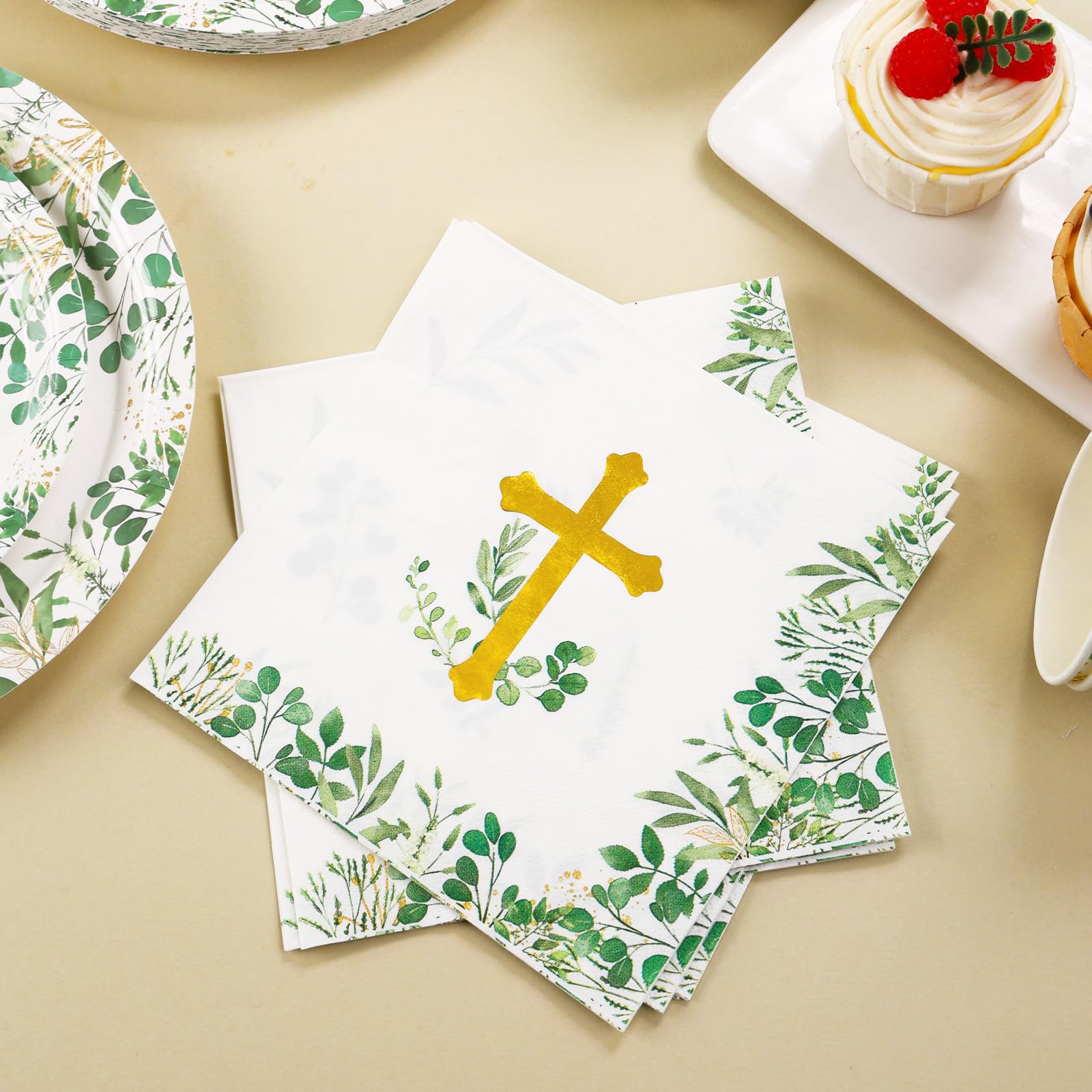 joy akkess 175 PCS Baptism Plates and Napkins Party Supplies - Baptism Decorations for Boys - God Bless Disposable Paper Plate First Communion Plates for Christening Baby Shower Party Decorations