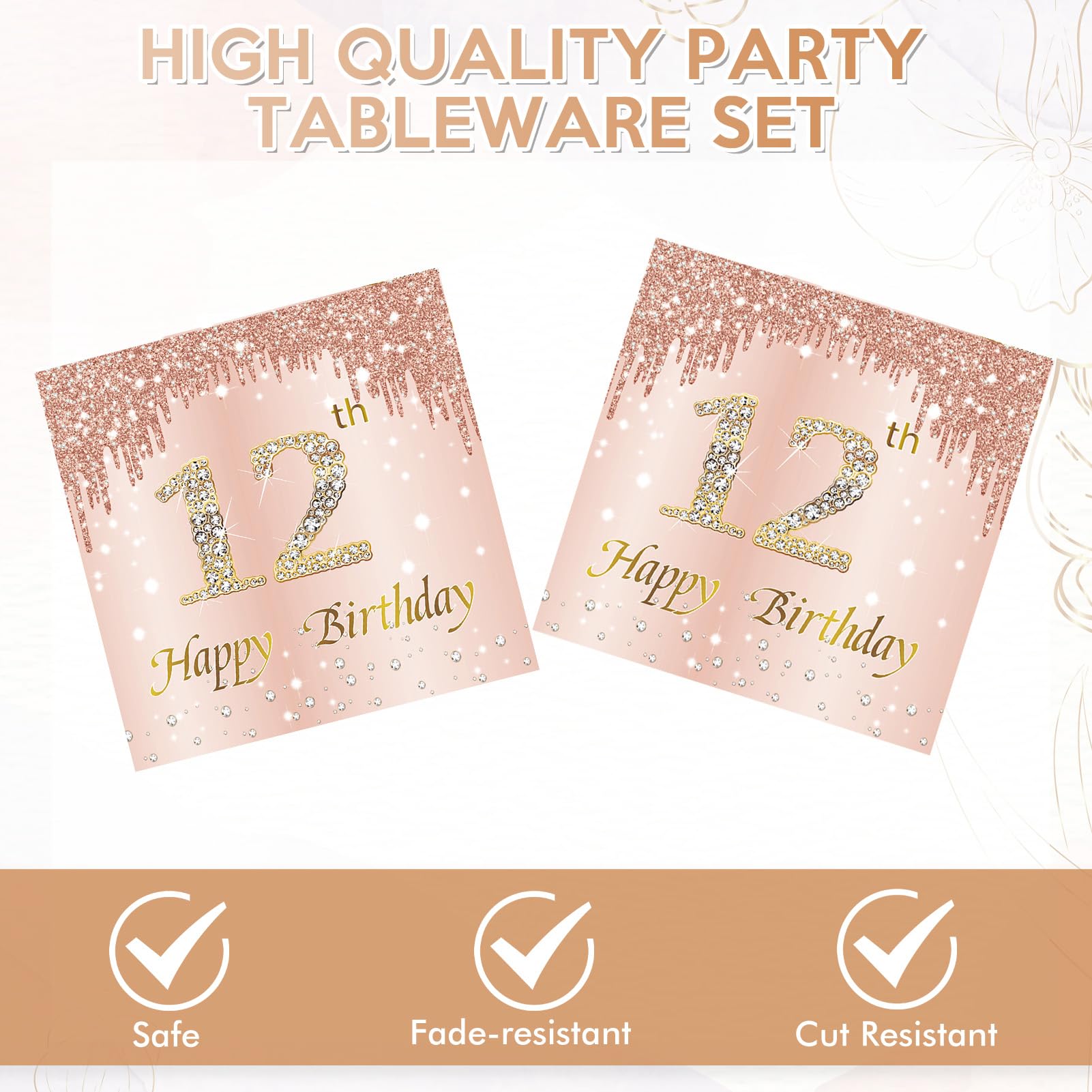 40Pcs 12th Birthday Decorations for Girls Rose Gold 12th Birthday Party Plates and Napkins Happy 12 Years Party Theme Tableware Disposable 7'' Paper Plates, Napkins for Her,Girls Teen Party Supplies