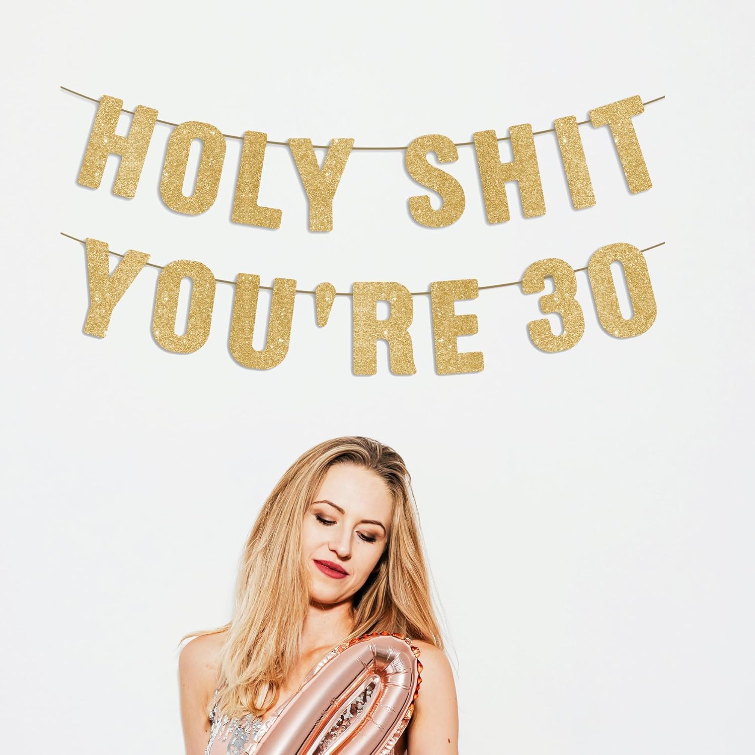 Happy 30th Birthday Decorations for Her, Funny 30 Year Old Party Sign for Him, Pre-Strung 30th Bday Party Banner - Gold Glitter