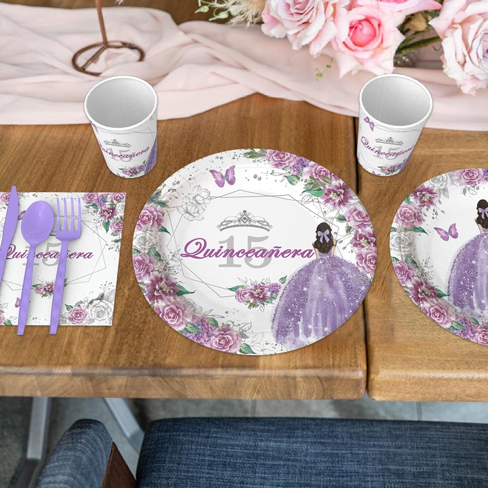 AIBIIN 194pcs Quinceanera Decorations 15th Birthday Decorations Party Plates, Cup, Napkin, Tablecloth, Tableware, Purple Disposable Quinceanera Birthday Party Supplies Plates Serve 24 Guests