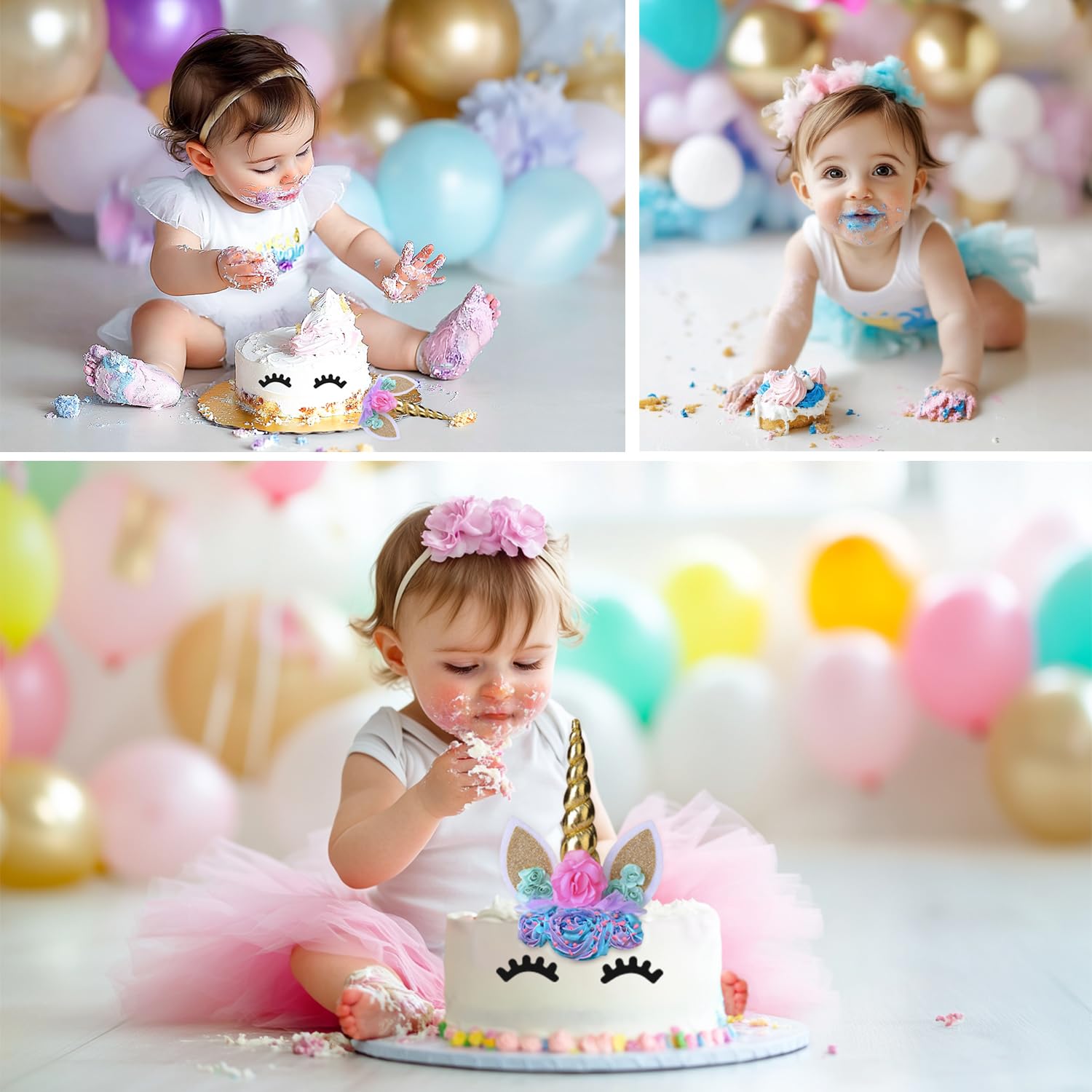 coonoe, Unicorn Cake Topper,Handmade Party Cake Decoration Supplies with Eyelashes and stack,Reuasble Gold Horn for Birthday Party,Baby Shower, Wedding