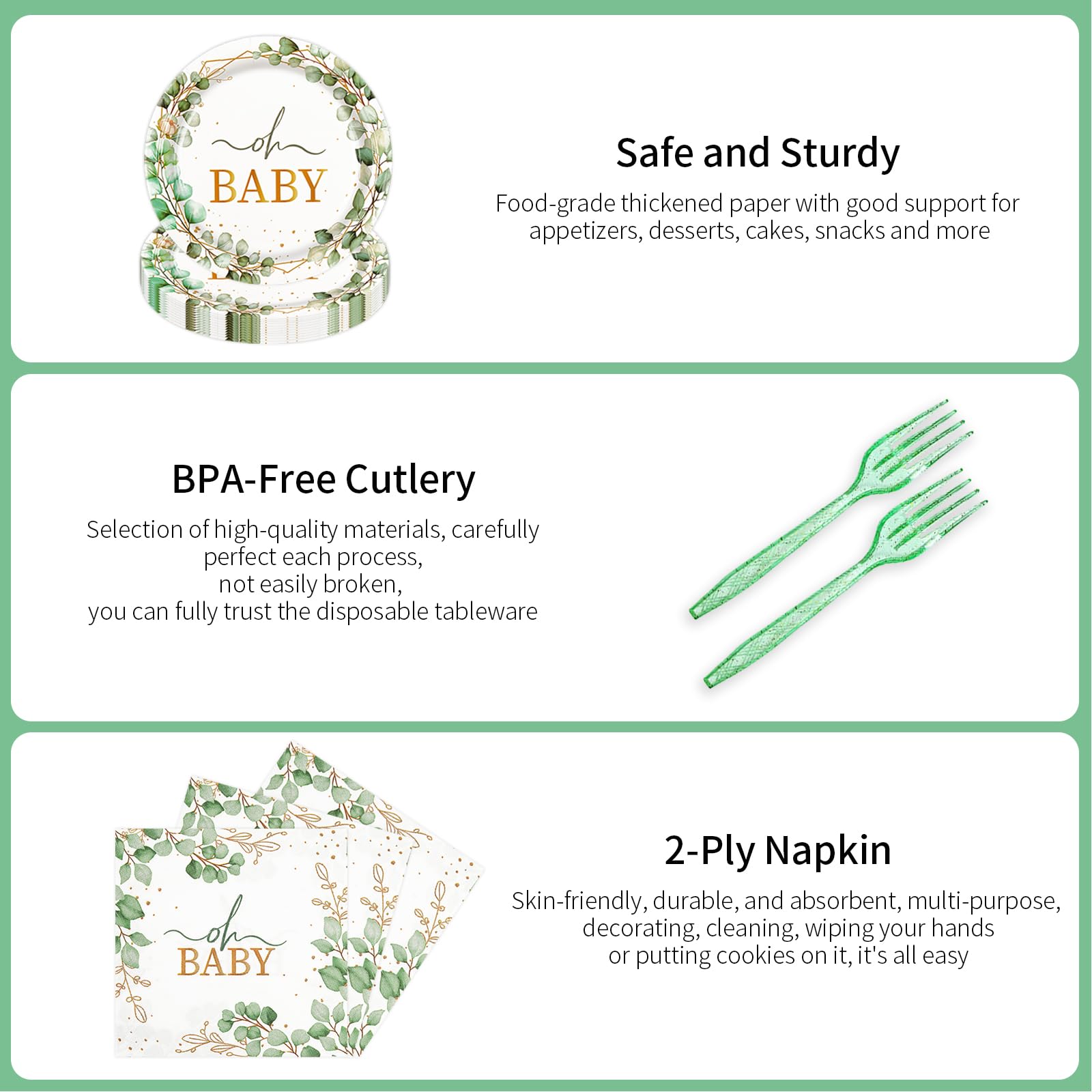72pcs Oh Baby Eucalyptus Paper Plates and Napkins Set, 7inch Sage Greenery Baby Shower Party Plate Decorations Disposable Green Leaf Party Supplies for Boys or Girls Gender Reveal Birthday Baby Shower