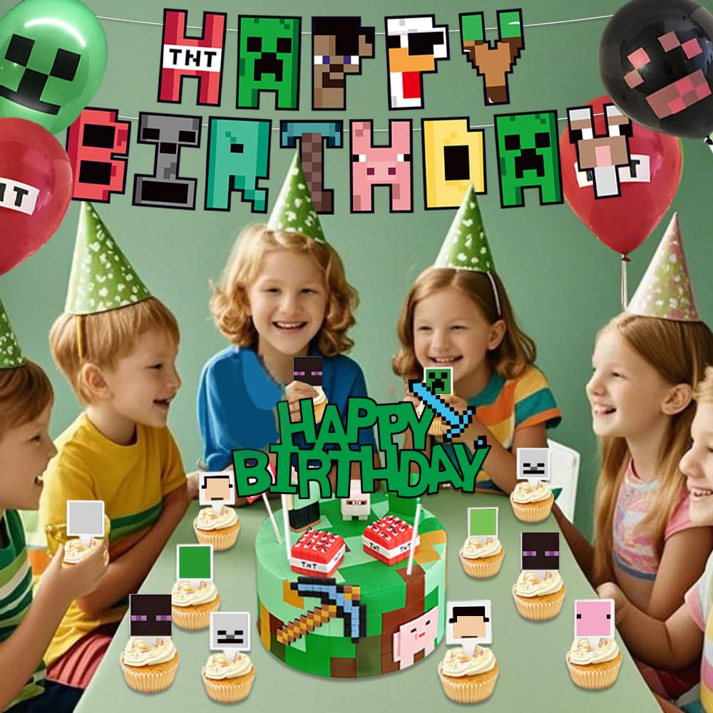 73Pcs Pixel Birthday Party Decorations for Boys, Pixel party supplies Kit, Gaming-Themed Birthday supplies Set including Banner, Tablecloth, Sword Foil Balloons, Cupcake Toppers.