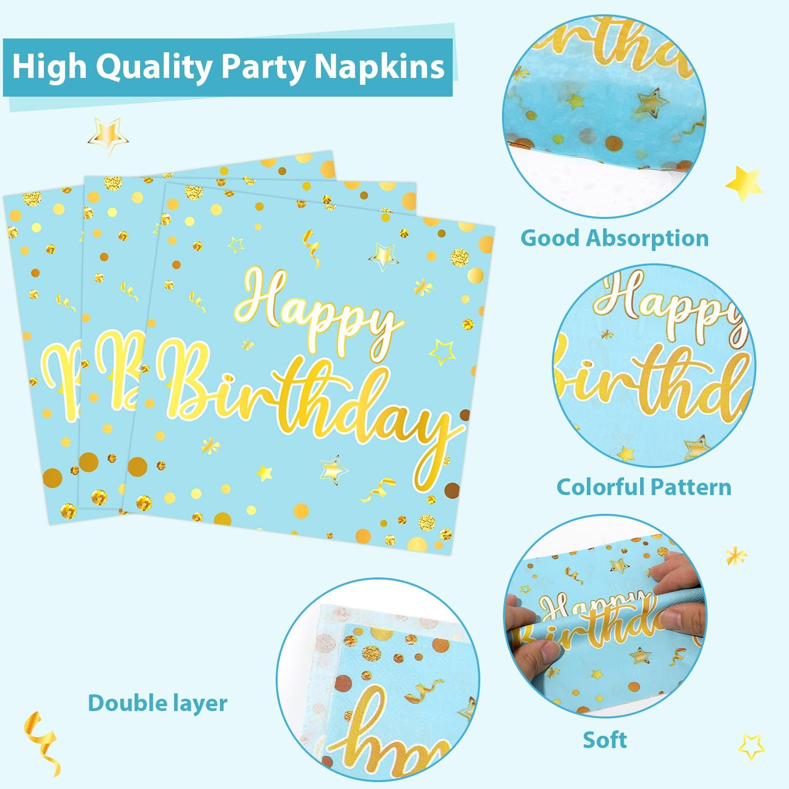 CHUNNIN 96PCS Blue Happy Birthday Plates and Napkins Happy Birthday Party Decorations Light Blue and Gold Dessert Plates Tableware for 24 Guests Kids Party Supplies