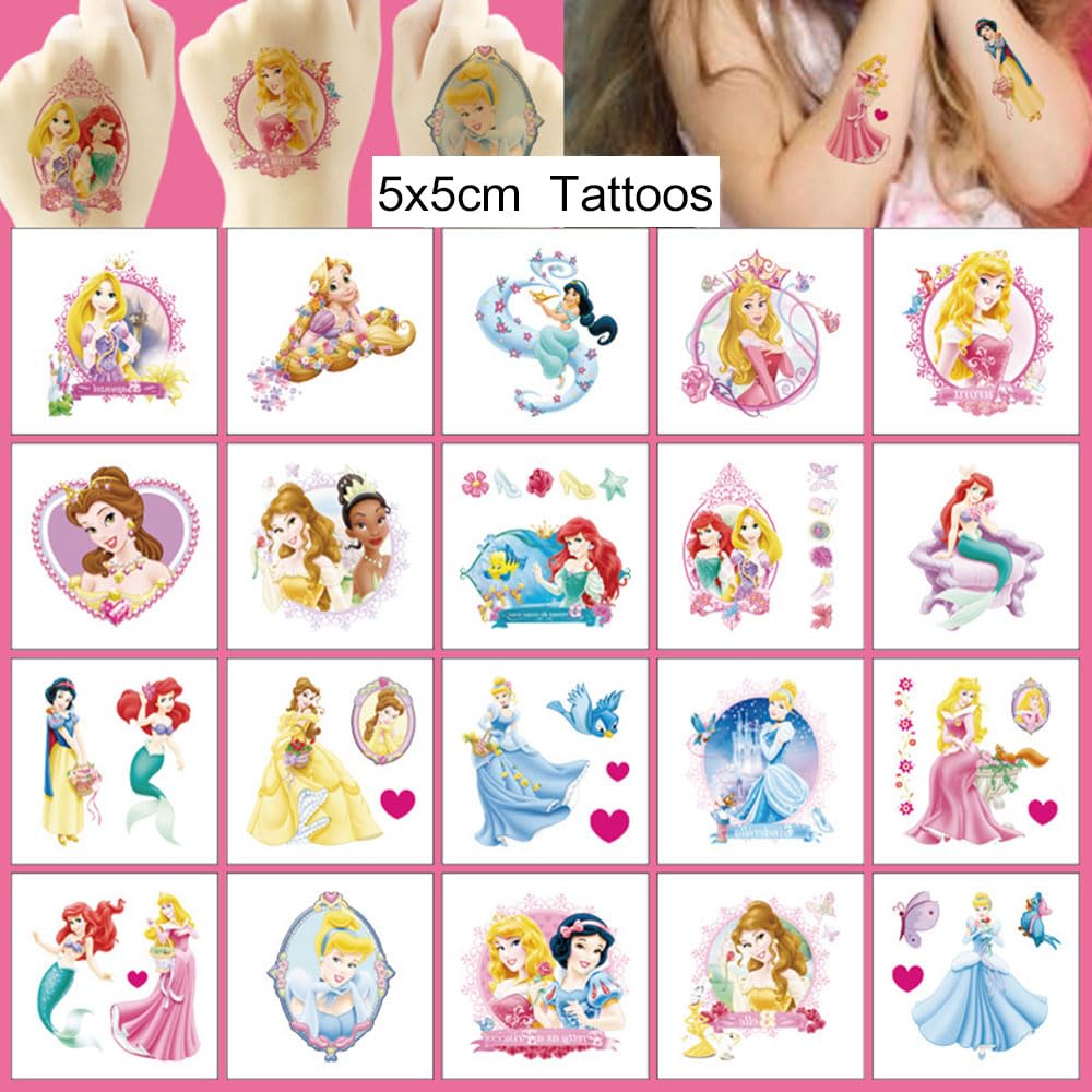 20 Sheets Princess Temporary Tattoos for Kids, Birthday Party Favors, Cute Cartoon Decoration Sticker Gifts for Girl Boys Home Activity Class Prizes Carnival Christmas Rewards