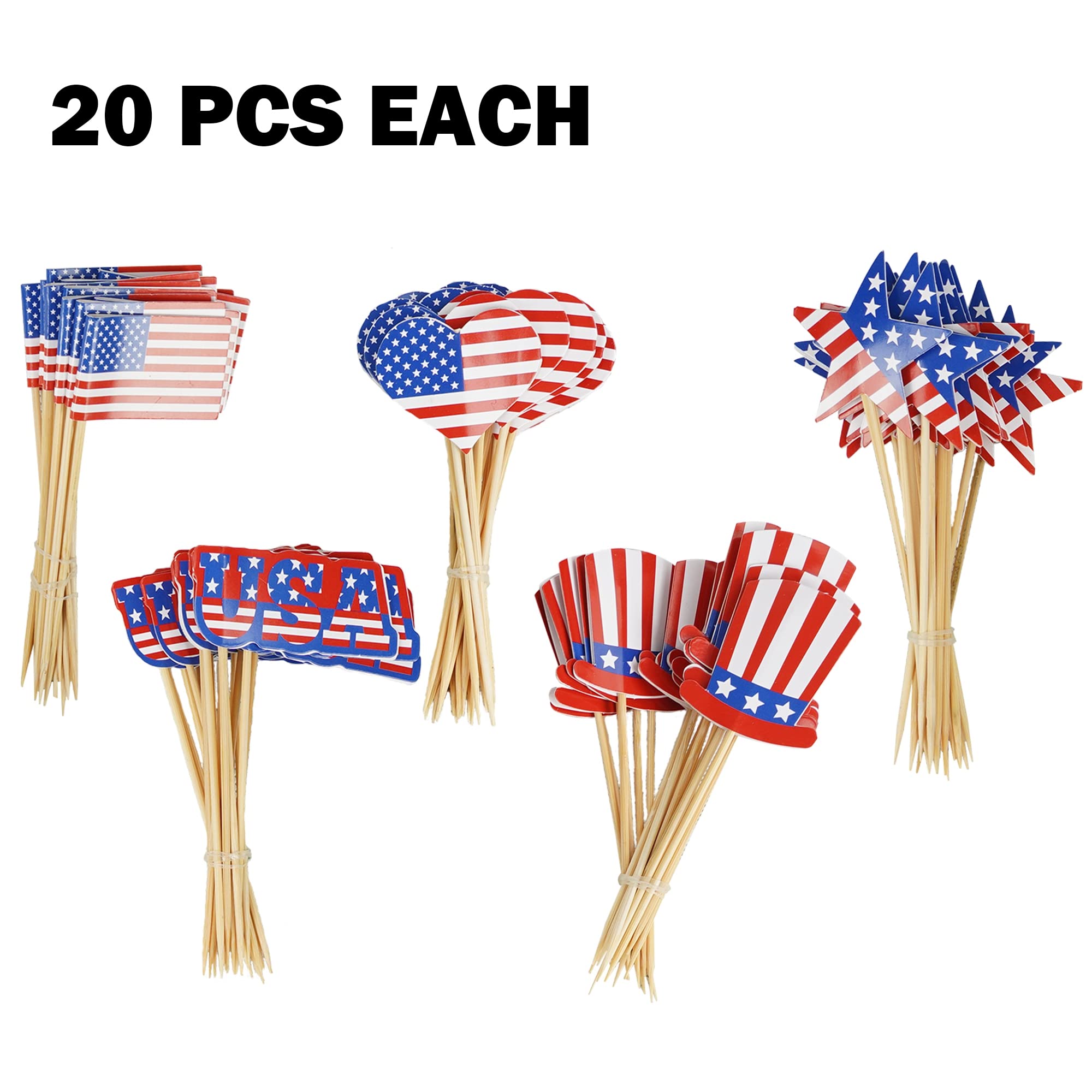 Uptotop 100 Pcs USA American Flag US Toothpick Flags, Mini Stick Cupcake Toppers, 4th of July, Veterans Day, Country Picks Party Decoration Celebration Cocktail Food Bar Cake Flag (5 Pattern)