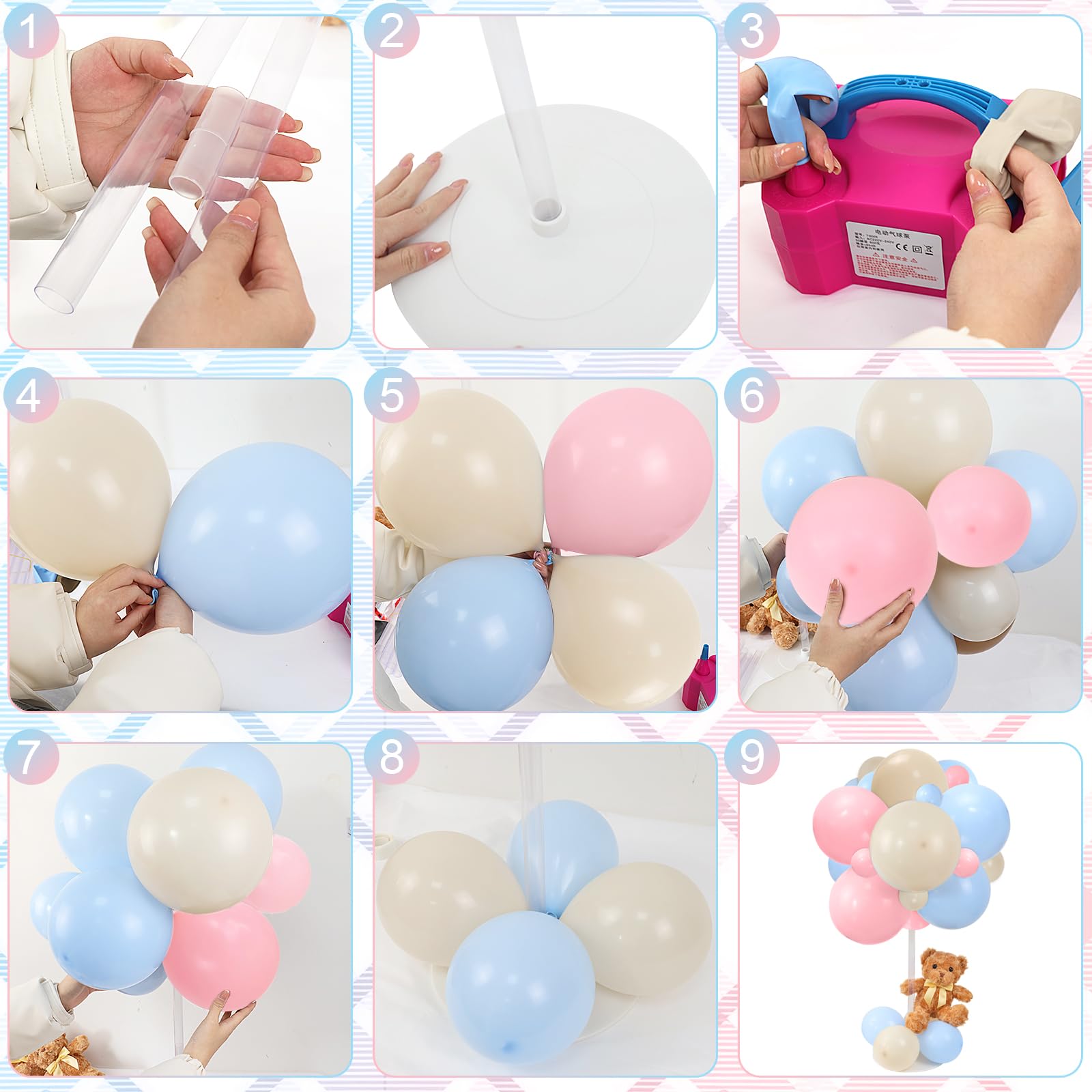 Acmee Bear Table Centerpieces for Baby Shower - Set of 6 Bear Balloon Baby Shower Decorations Include Stuffed Bears Balloons Kit with Stand Table Decor for Boy Baby Shower Gender Reveal (Blue Pink)