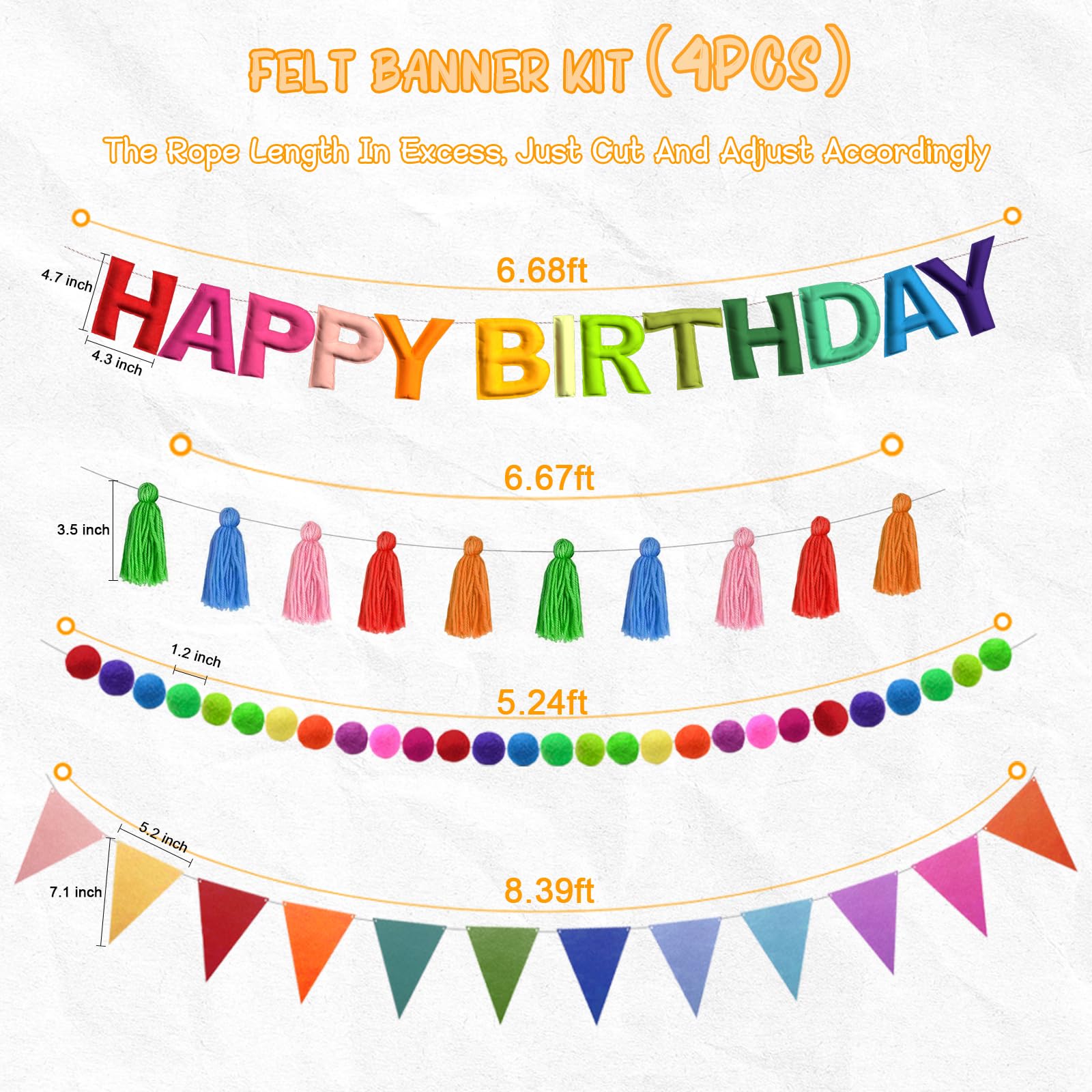 4PCS Pre-Strung Happy Birthday Banner - Felt Happy Birthday Garland, Ball Garland, Felt Pennant Flag, Colorful Thread Tassel Rainbow Party Decorations for Women Men Kids