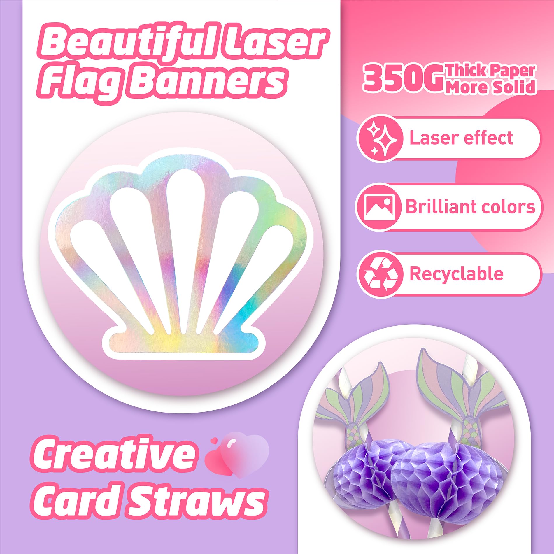 146Pcs Shell Plates and Napkins Iridescent Mermaid Party Supplies Includes Plates, Napkin, Fork, Cup, Straw, Tablecloth, Banner Seashell for Under the Sea Birthday Party Decorations, Serves 24