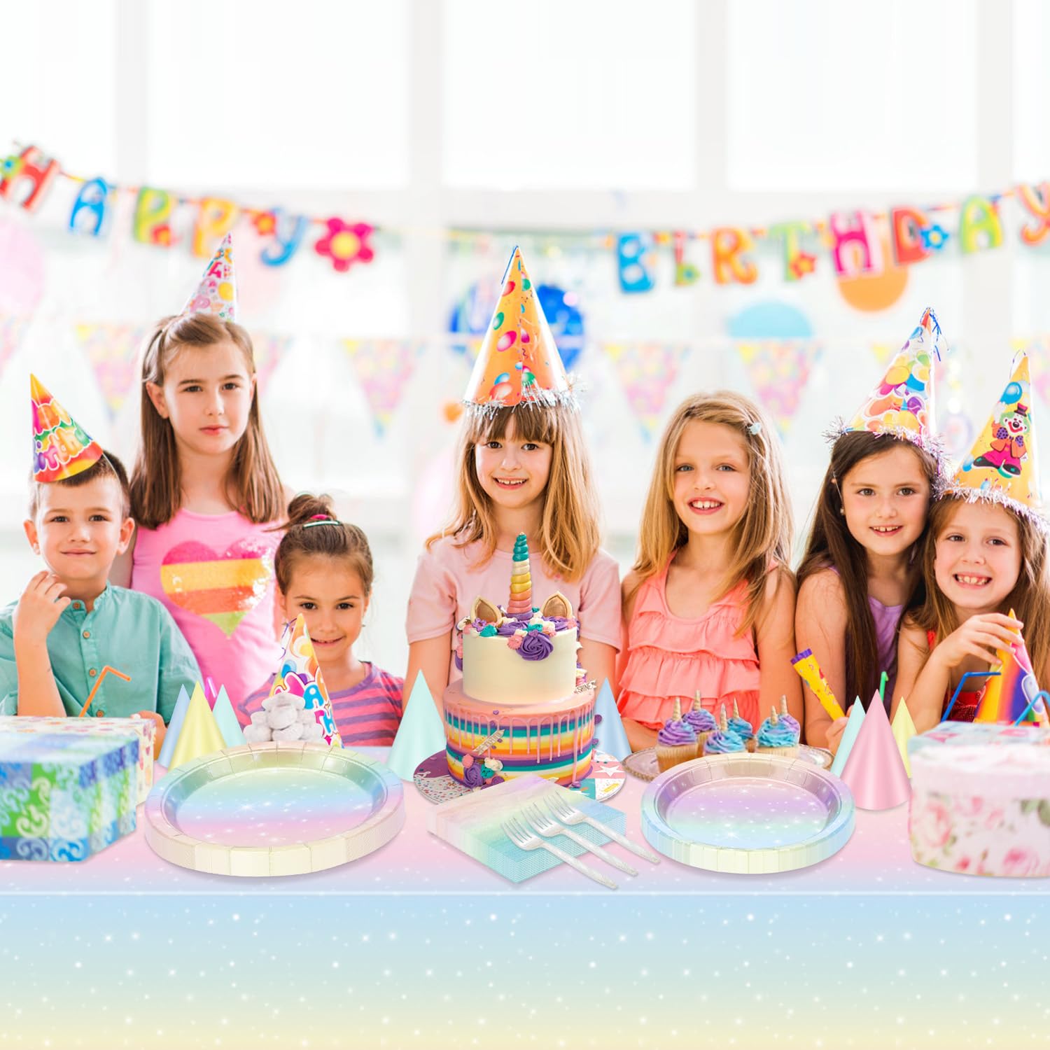 QUERICKY Pastel Rainbow Party Supplies for 20 Guests, Disposable Tableware Set includes Pastel Paper Plates, Napkins, Forks, Tablecloth for Girls Birthday Party, Baby Shower Party