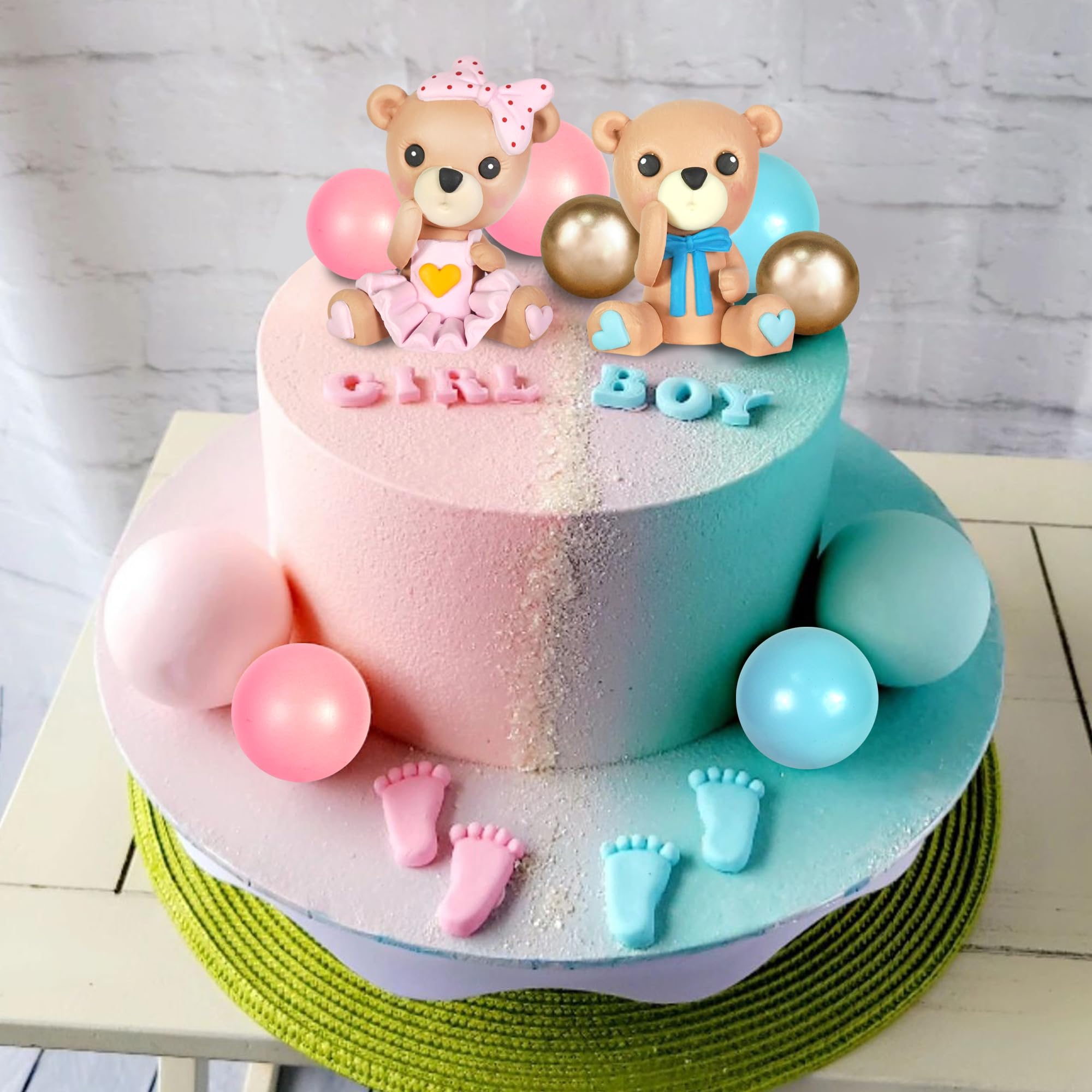 26 PCS Bear Cake Toppers Pink Blue Bear Figurine Balls Cake Decorations