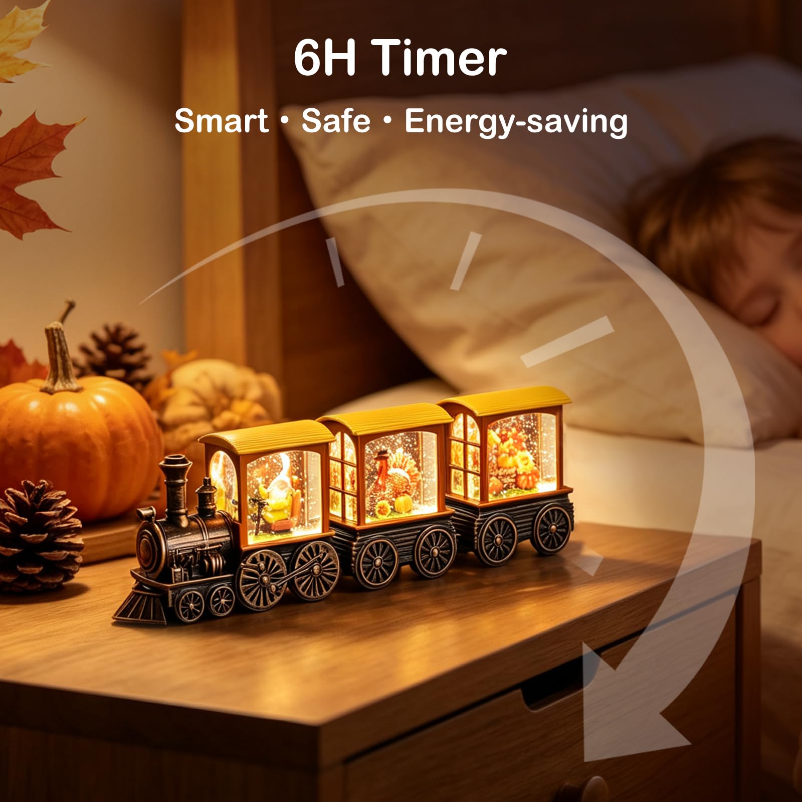 Gorrzai Fall Snow Globe Lantern Fall Decorations for Home, Lighted Fall Decor with Pumpkin Turkey Gnome Train, 6H Timer Thanksgiving Swirling Glitter Snow Globe for Harvest Day, Battery Operated