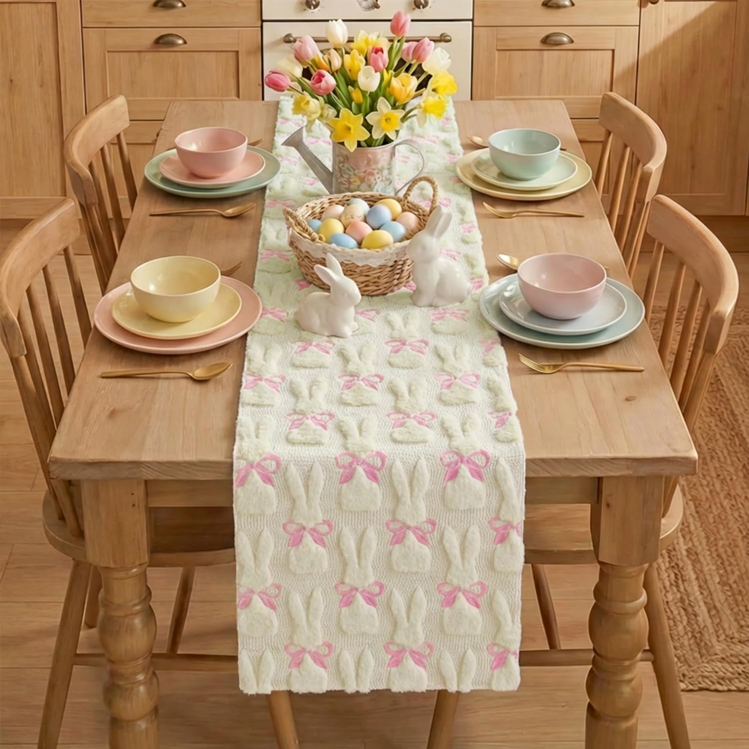 Artoid Mode Beige Soft Plush Faux Fur Jacquard Bunny Bow Easter Table Runner, Spring Holiday Kitchen Dining Table Decoration for Home Party Decor 13x72 Inch