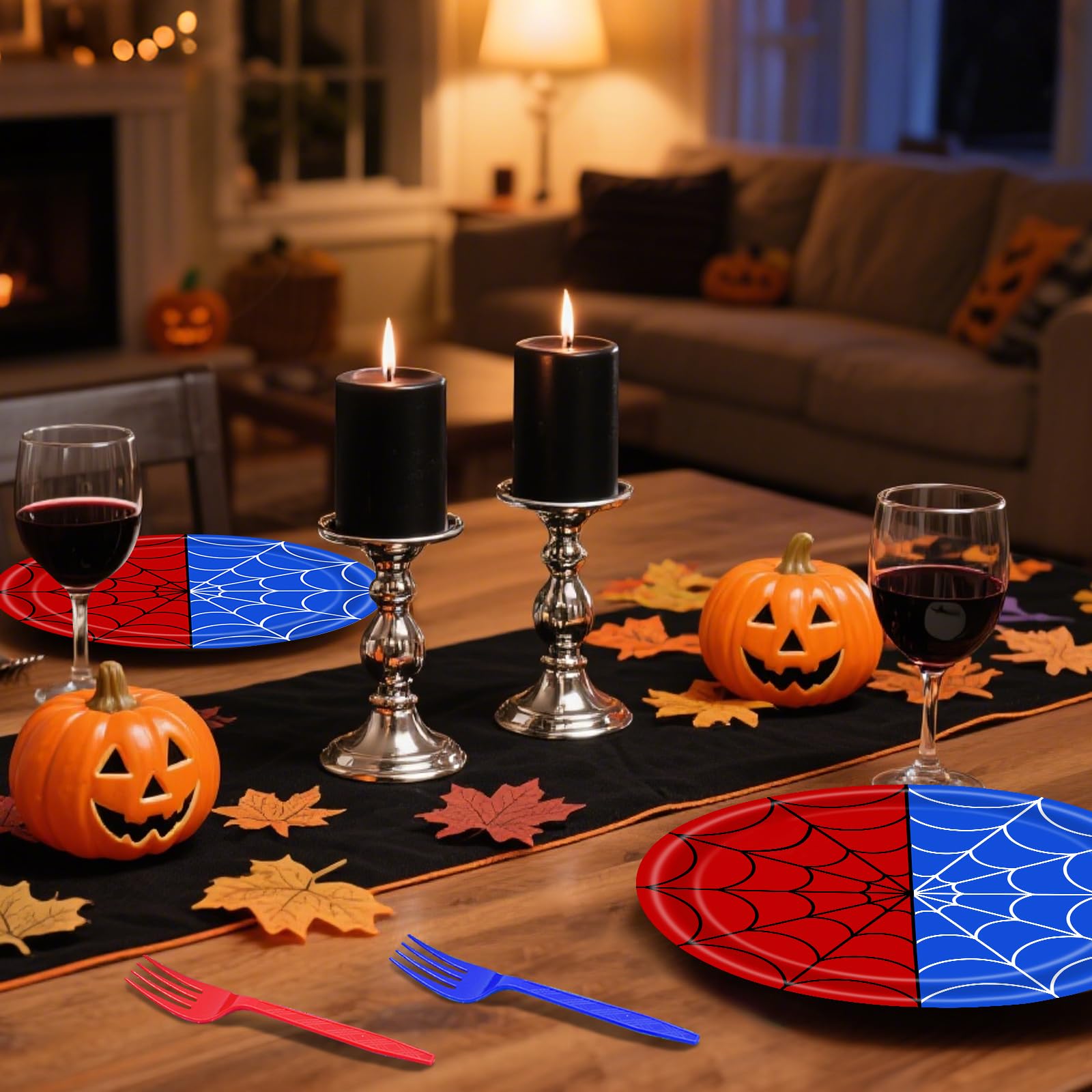 100 Pieces Halloween Spider Web Party Tableware Set – Red Blue Web Plates, Napkins and Forks, Disposable Dinnerware for Boys Birthday and Halloween Party Supplies