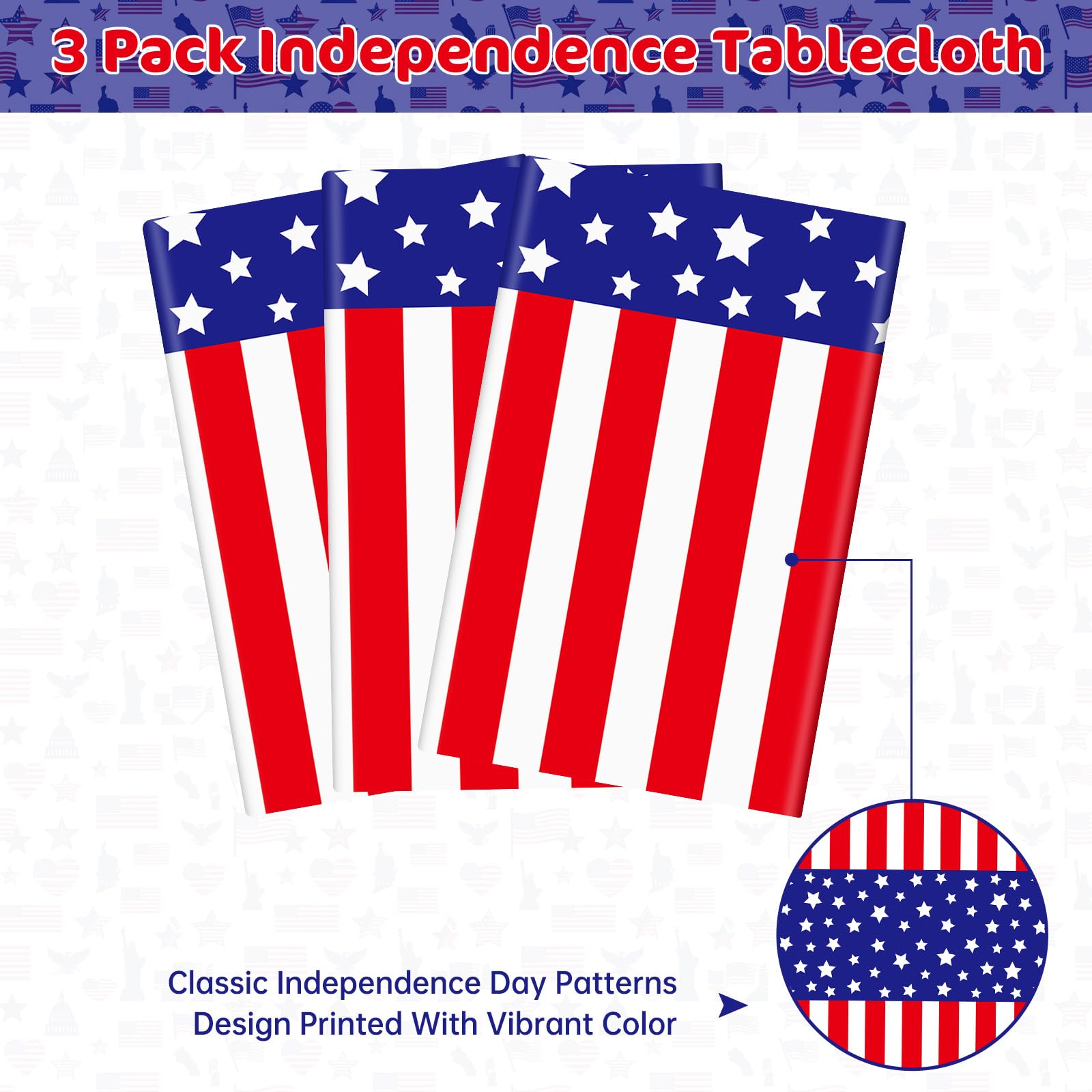 Litmitfu 3 Pcs Patriotic Tablecloth 4th of July Decorations - Disposable Plastic Patriotic Themed Table Cover for July 4th Decoration Memorial Independence Day Party Supplies Table Decor, 108x54 Inch