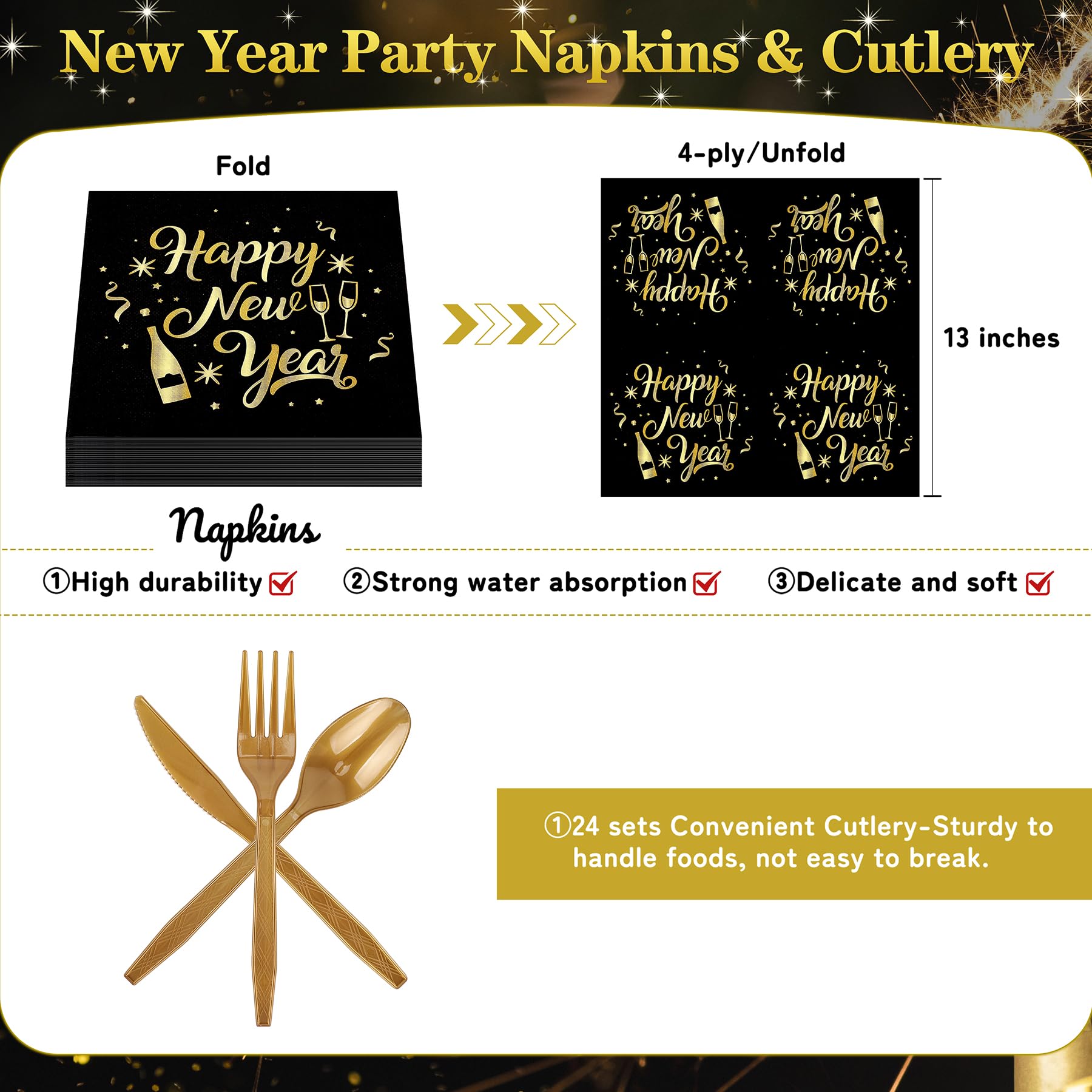 Fighting to Achieve 168pcs Happy New Year Party Supplies, Black and Gold Paper Plates Napkins Cups and Gold Cutlery for 24 Guests, 2027 New Year Disposable Tableware Supplies for Party Decorations