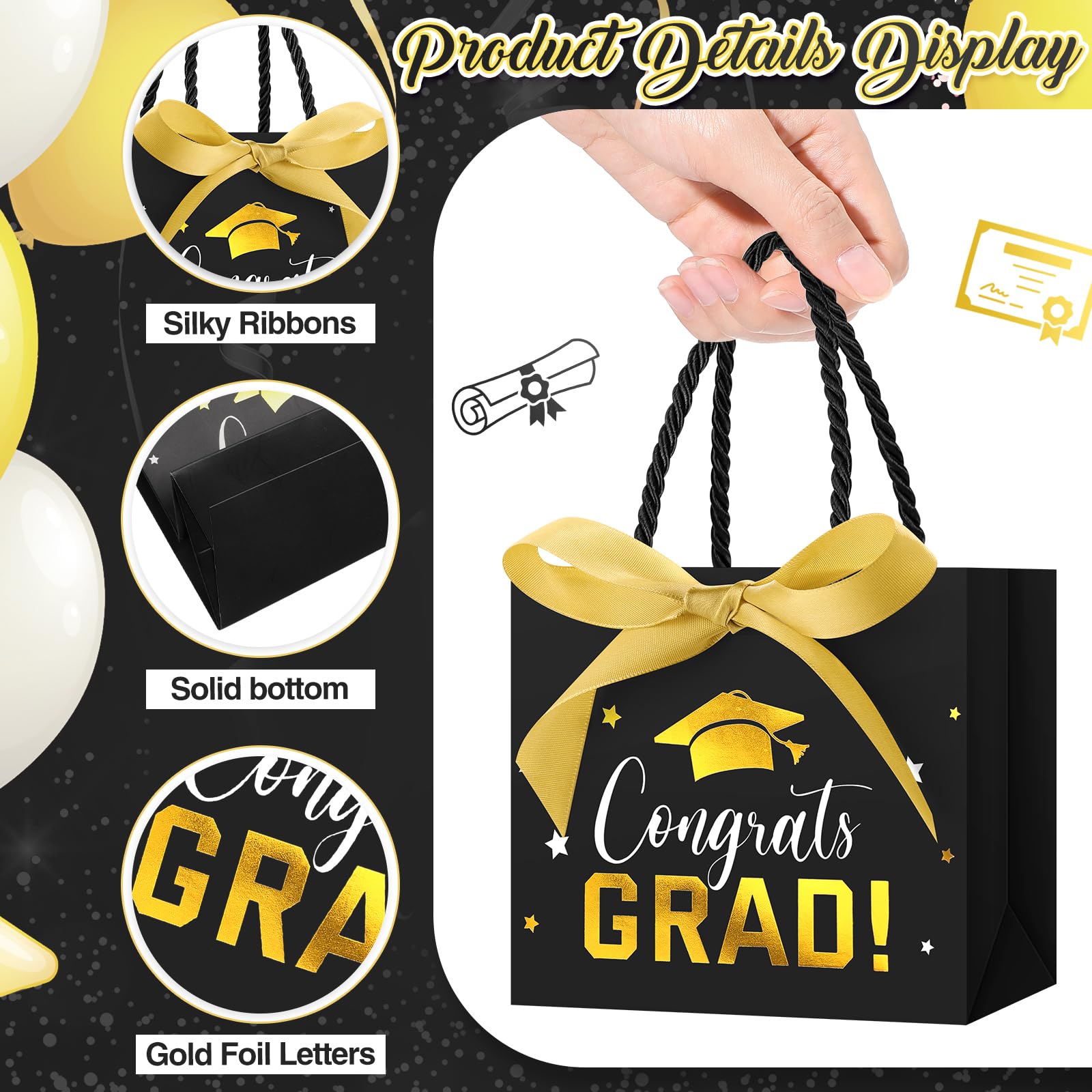 Jetec 45 Pack 2026 Graduation Gift Bags Bulk Small Congrats Bags with Handle and Bow Ribbon 5.5 x 4.7 x 2.5 Inch Grad Paper Treat Gifts Party Favor Supplies for College High School(Black Gold)