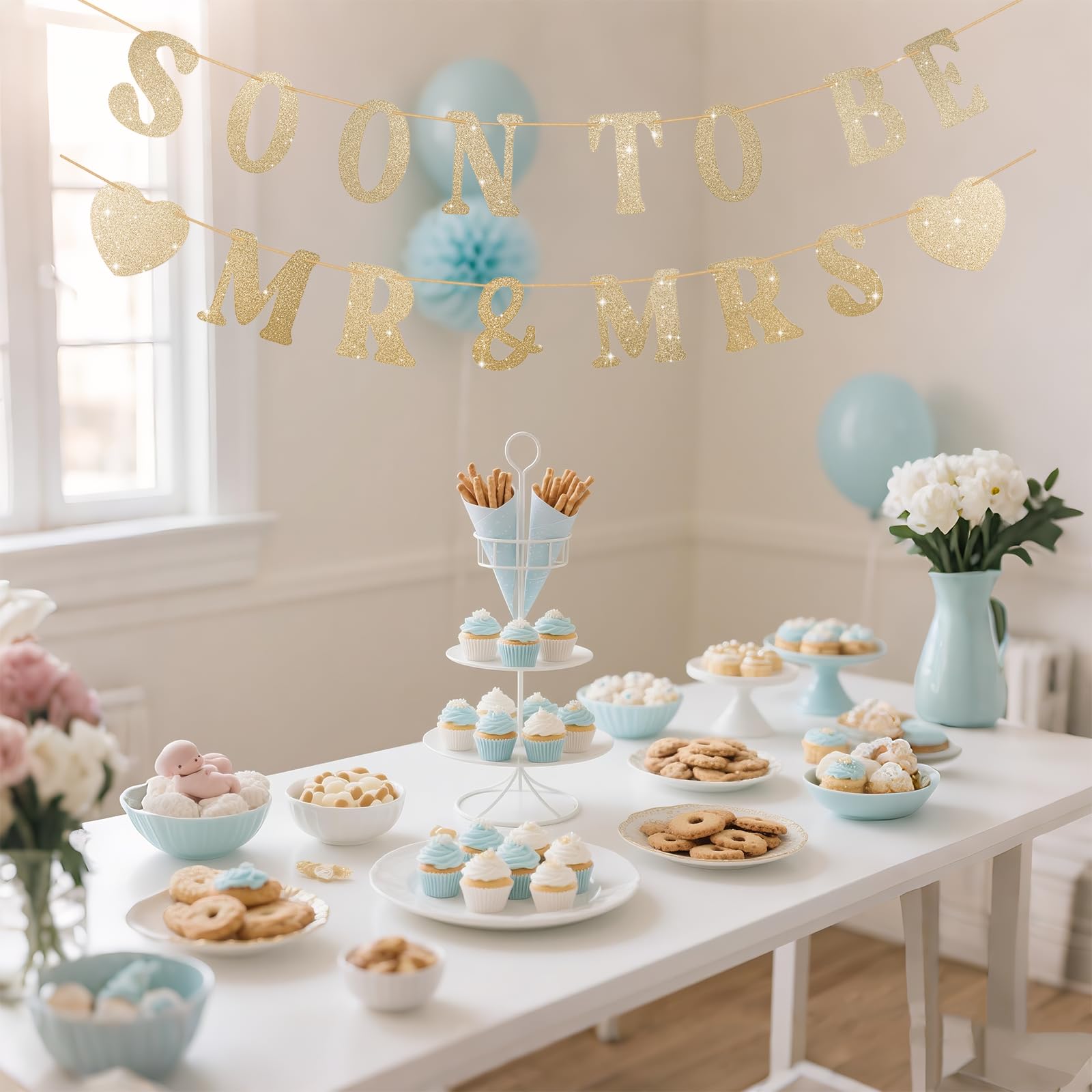 SerpizePaty Soon To Be Mr & Mrs Sign Banner For Bridal Shower Decorations, Pre-strung Gold Glitter Wedding Shower Decorations For Home Party, Engagement Banner For Bachelorette Couples Shower