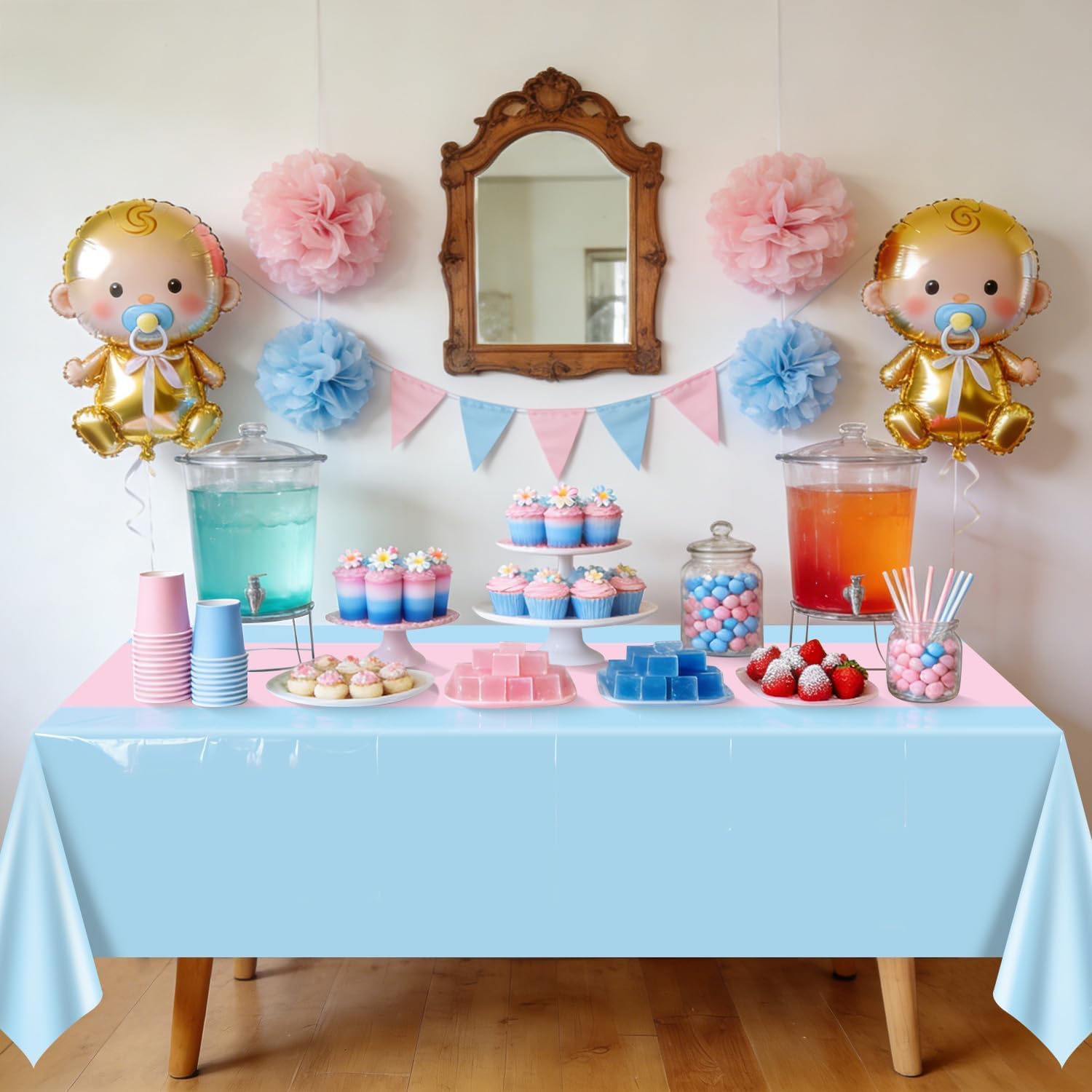 PTECDROTS 4Pcs Gender Reveal Tablecloths, Pink and Blue Tablecloth Table Runner Waterproof Disposable Rectangle Table Cover for Boy or Girl Birthday Party Decorations, 51 x 86 inch