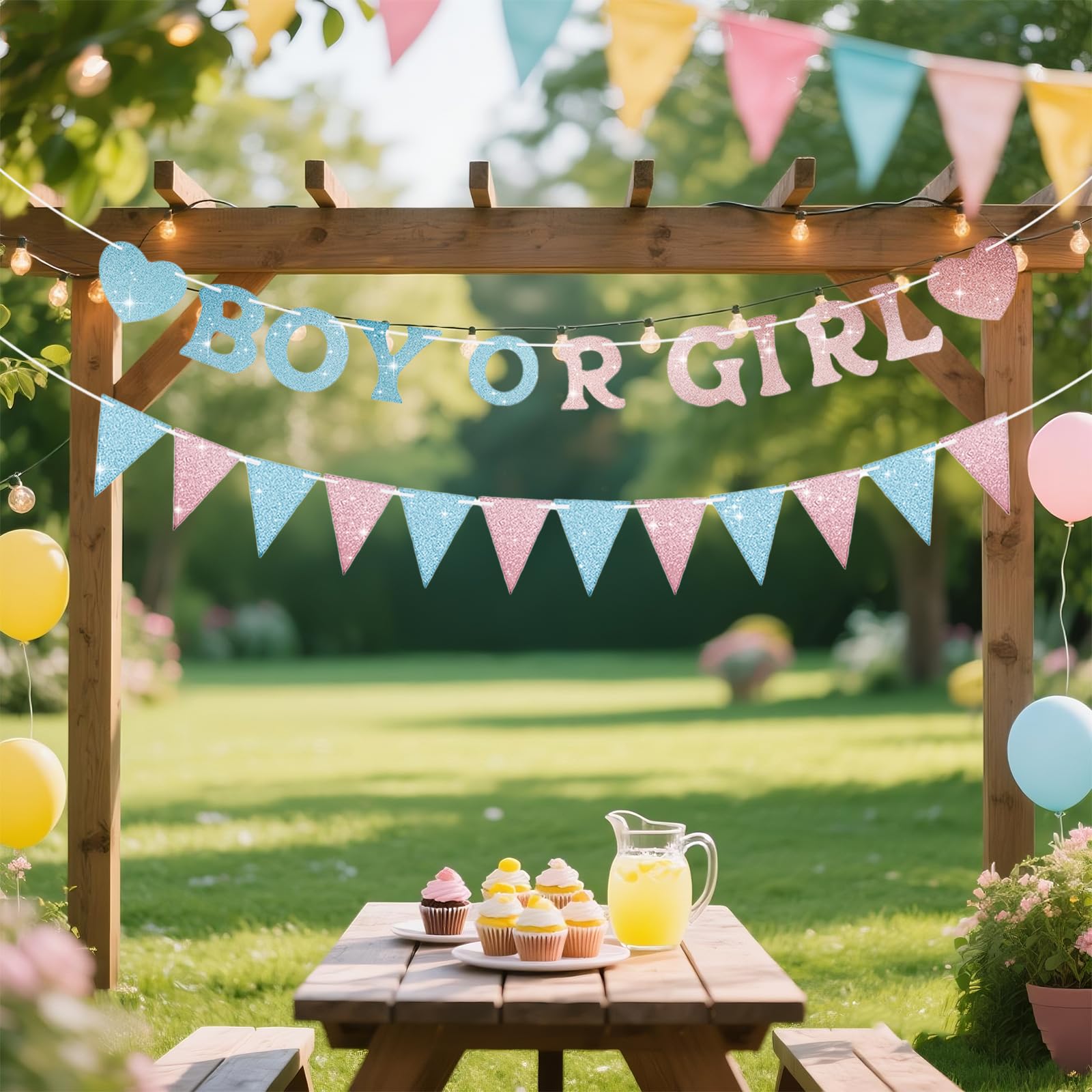 SerpizePaty Boy or Girl Banner Gender Reveal Decorations, Pre-Strung Glitter Baby Gender Reveal Sign, No DIY He or She Party Decor for Girl Boy Shower Photo Backdrop Props Supplies