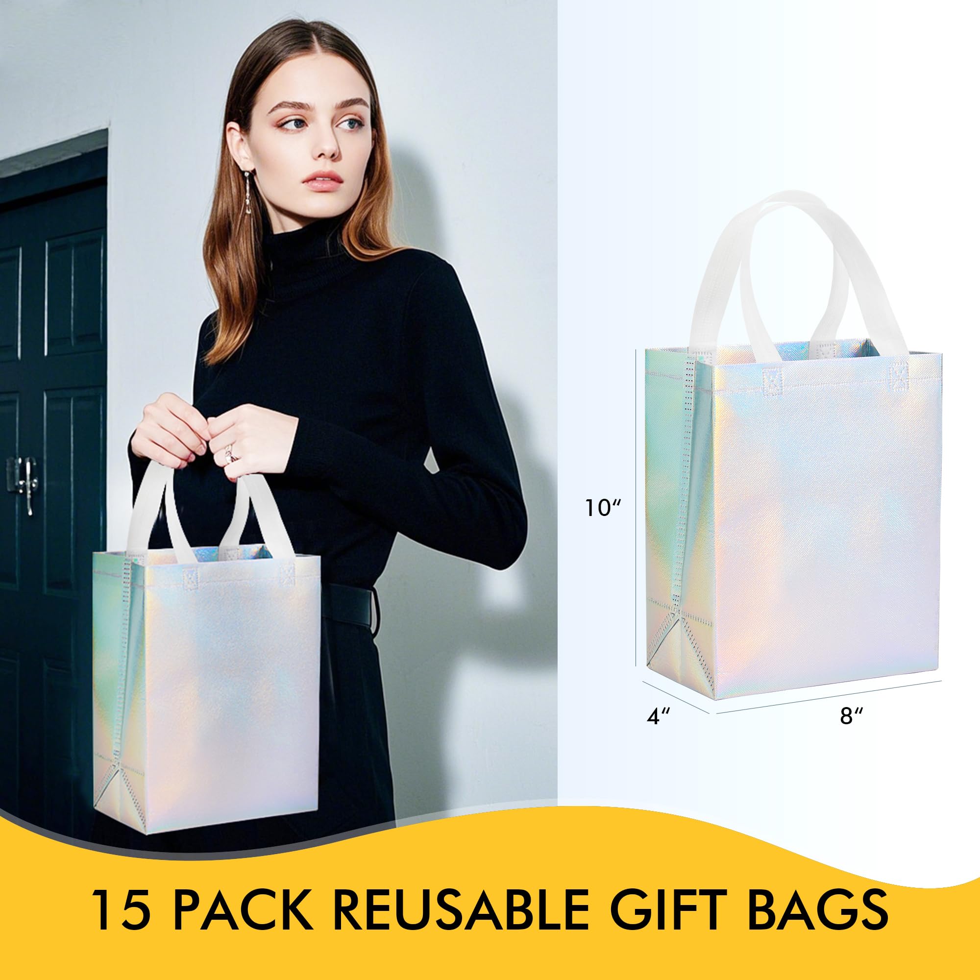 100 Pcs Iridescent Glossy Gift Bags Medium Size, 8x4x10 In Holographic Reusable Gift Bags with Handles & Sturdy Base, Ideal for Birthday, Wedding, Bachelorette, Party Favors, Holiday Goodie Bag