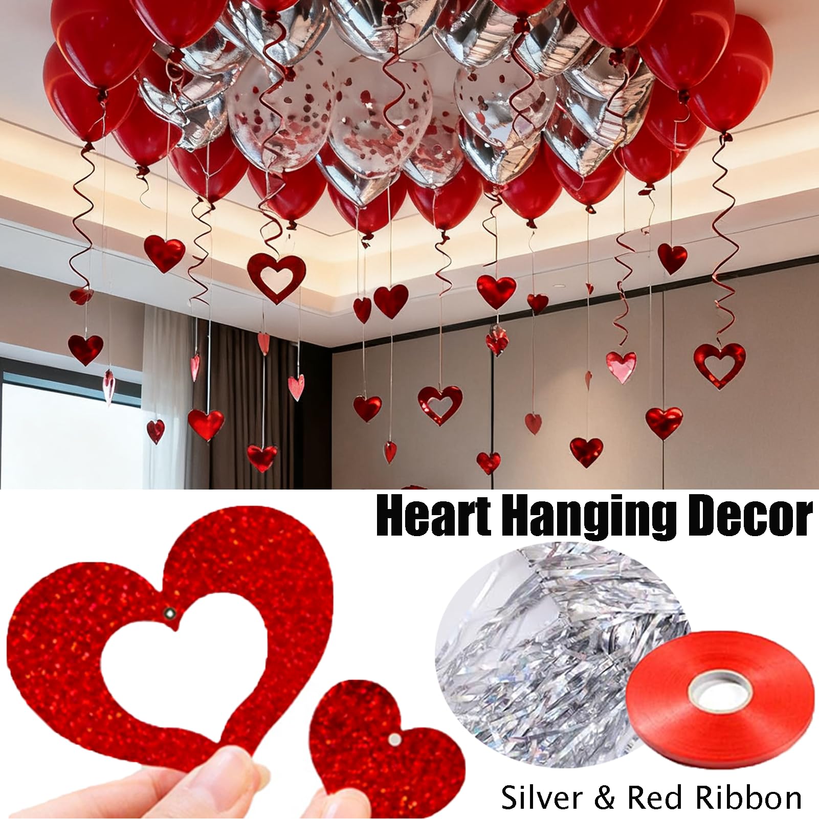54pcs I Love You Heart Balloons Valentines Decoration with 50 Hanging 1000 Silk Rose Petal Bear Heart Shaped Silver Red Balloons for Romantic Night Wedding Anniversary Decor Valentines Party