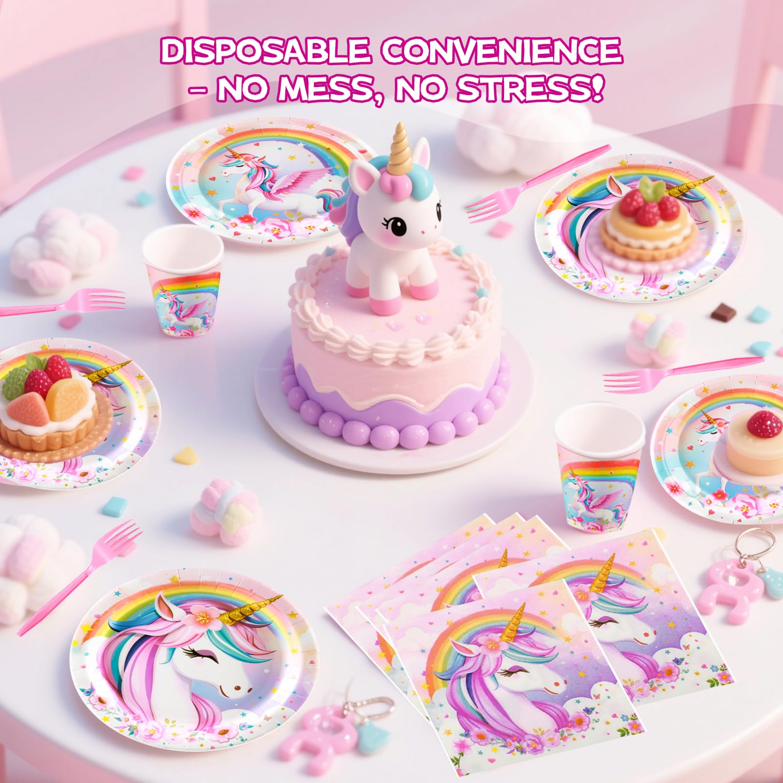 Unicorn Birthday Party Supplies Set, Disposable Tableware for 24 Guests, Includes Plates, Cups, Napkins, Cutlery – Cute Rainbow Unicorn Theme Birthday Decorations for Girls & Kids Party