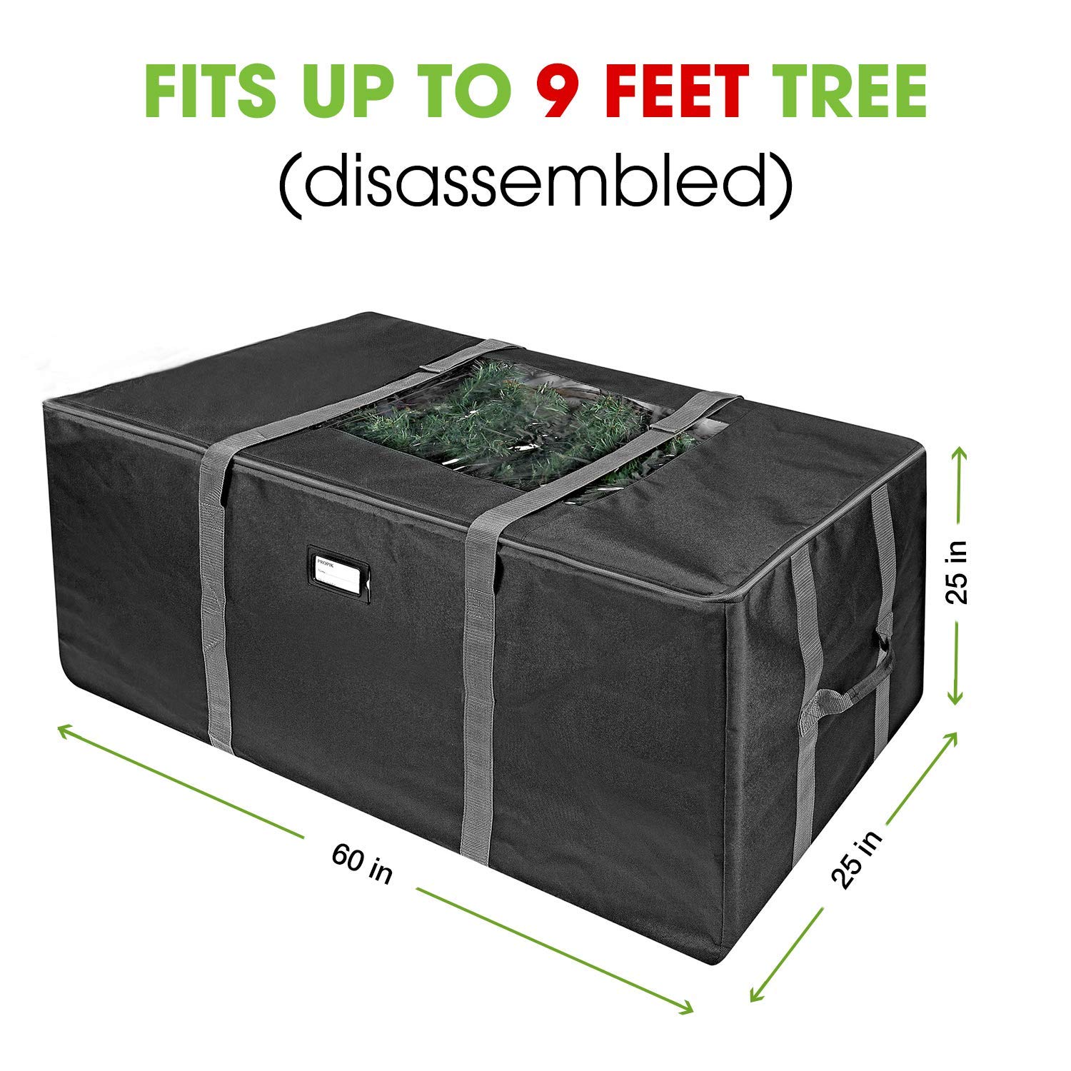 ProPik Rolling Christmas Tree Storage Bag, Fits Up to 9 Foot Tall Disassembled Trees, 25" X 25" X 60", Extra Large Heavy Duty Xmas Container with Wheels, Handles and Straps (Black)