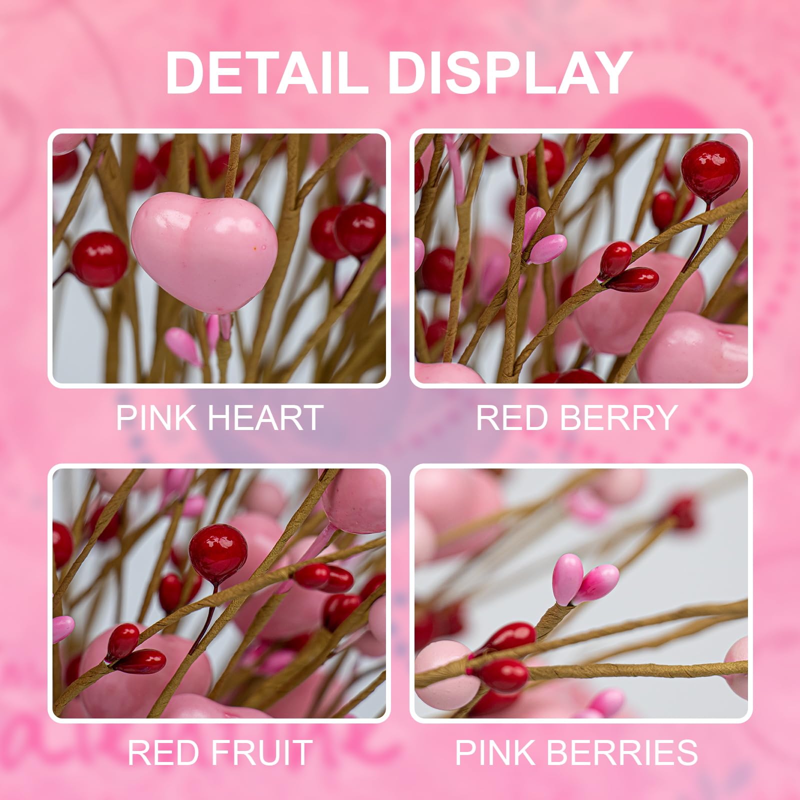 J'FLORU Valentine's Day Gifts Valentines Day Decorations 24 Pack Pink Heart Shaped Berry Picks with Red Berries for Valentines Day Wedding Candlelight Dinner Anniversary