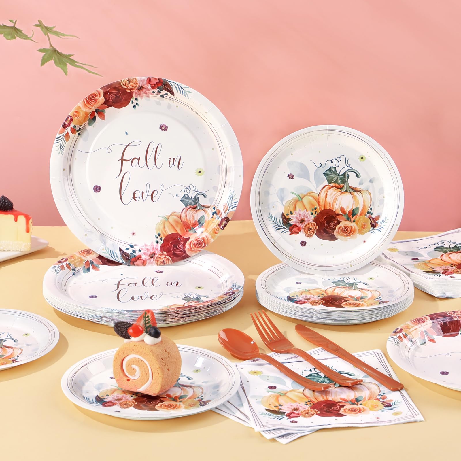 Gudvilla 150Pcs Fall in Love Bridal Shower Decor, Fall Bridal Shower Plates and Napkins Sets Serves 25, Falling in Love Plates for Floral Pumpkin Autumn Wedding Engagement Bachelorette Party