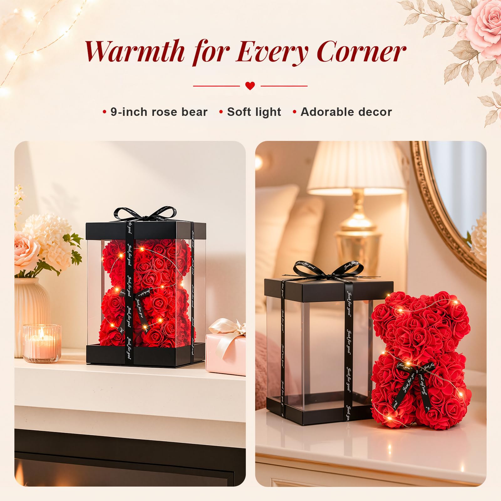 Otlonpe Preserved Artificial Roses Flowers Bear, Forever Women Gifts for Birthday Christmas Valentines Mothers Day, 9'' Red Rose Flower Small Bear Lamp in Box, Gifts for Women Mom Grandma Daughter