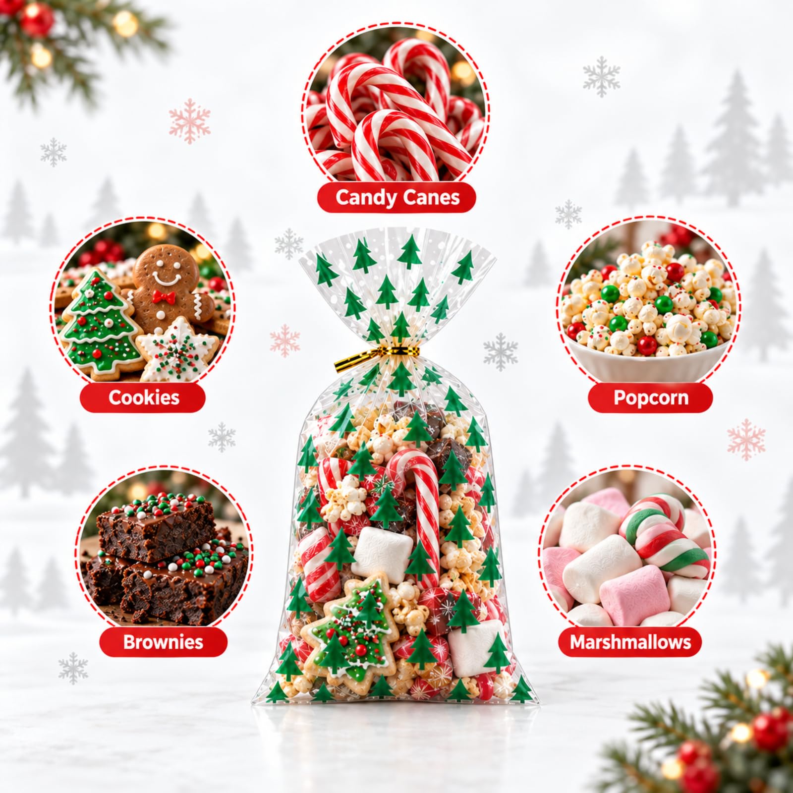 Yixiang 200 PCS Christmas Cellophane Goody Bags Assortment for Holiday Treats, Party Favors, Cello Candy Bags, Christmas Gifts, Party Supplies