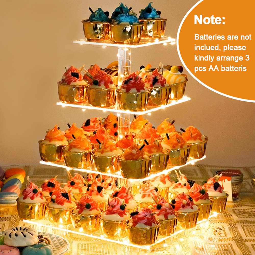 YestBuy Cupcake Stand with Yellow LED Lights, 4 Tier Cupcake Stand for 50 Cupcakes, Acrylic Cupcake Tower Stand, Clear Tiered Cupcake Holder for Birthday Candy Bar Décor Weddings, Parties Events