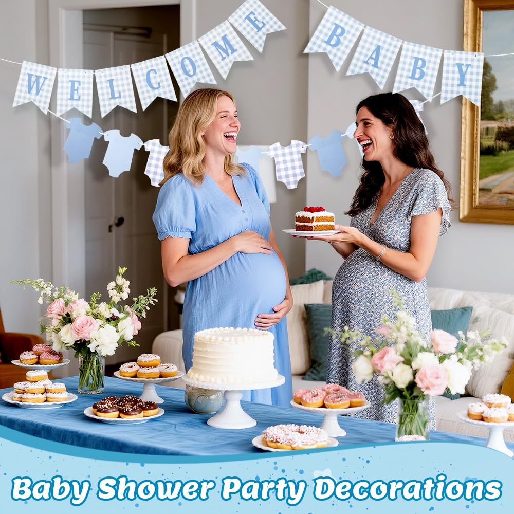 Baby Boy Baby Shower Banner, 2 PCS Pre-strung Blue Gingham Welcome Baby and Body Cloth Banner for Baby Boy Shower Party Decoration (welcome baby-bodysuits)