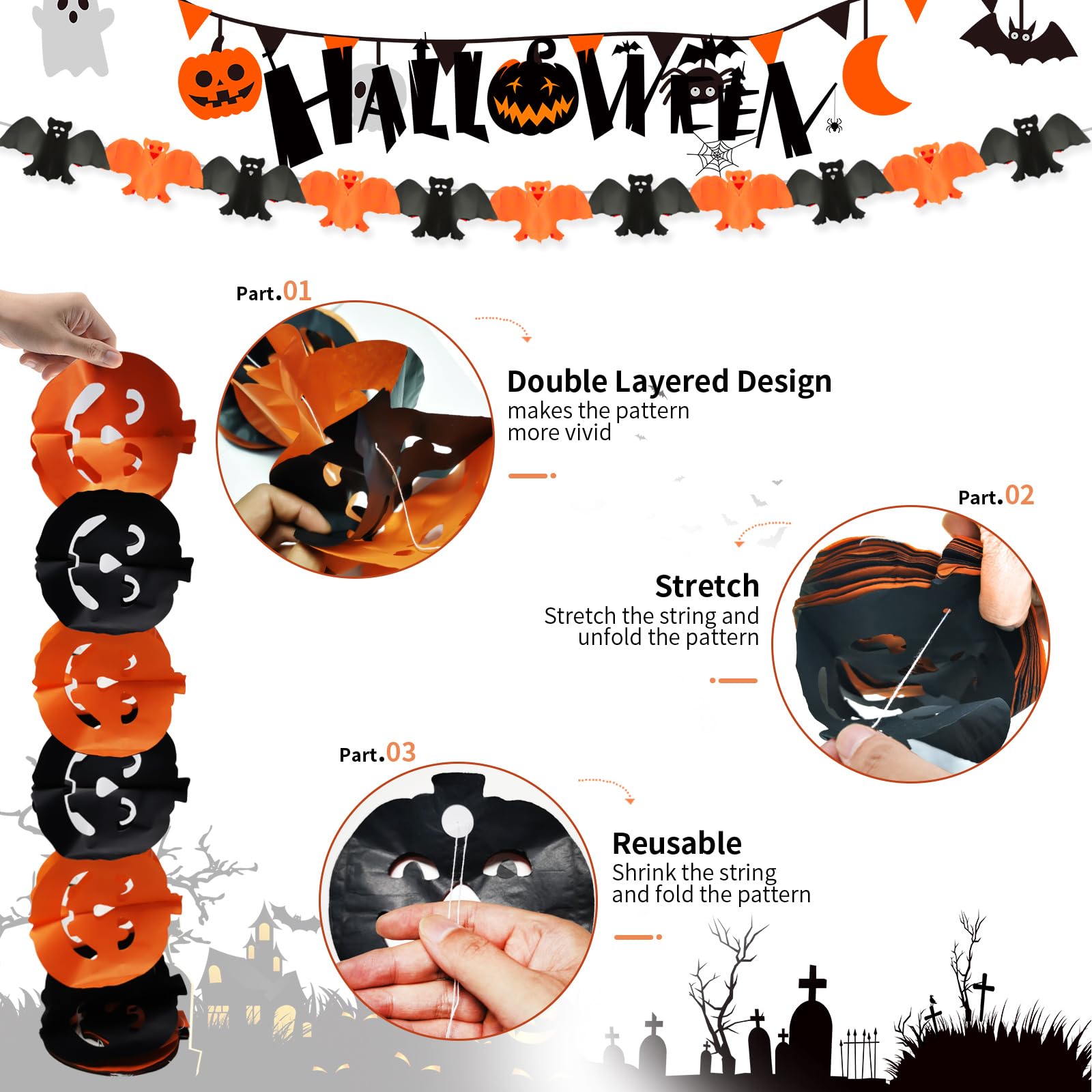 AhfuLife Halloween Party Decorations Set, Reusable Halloween Indoor Decorations Kit Including HAPPY HALLOWEEN Paper Banner for Home Decor, Trick or Treat Sign, Pumpkin Bat Hanging Swirl
