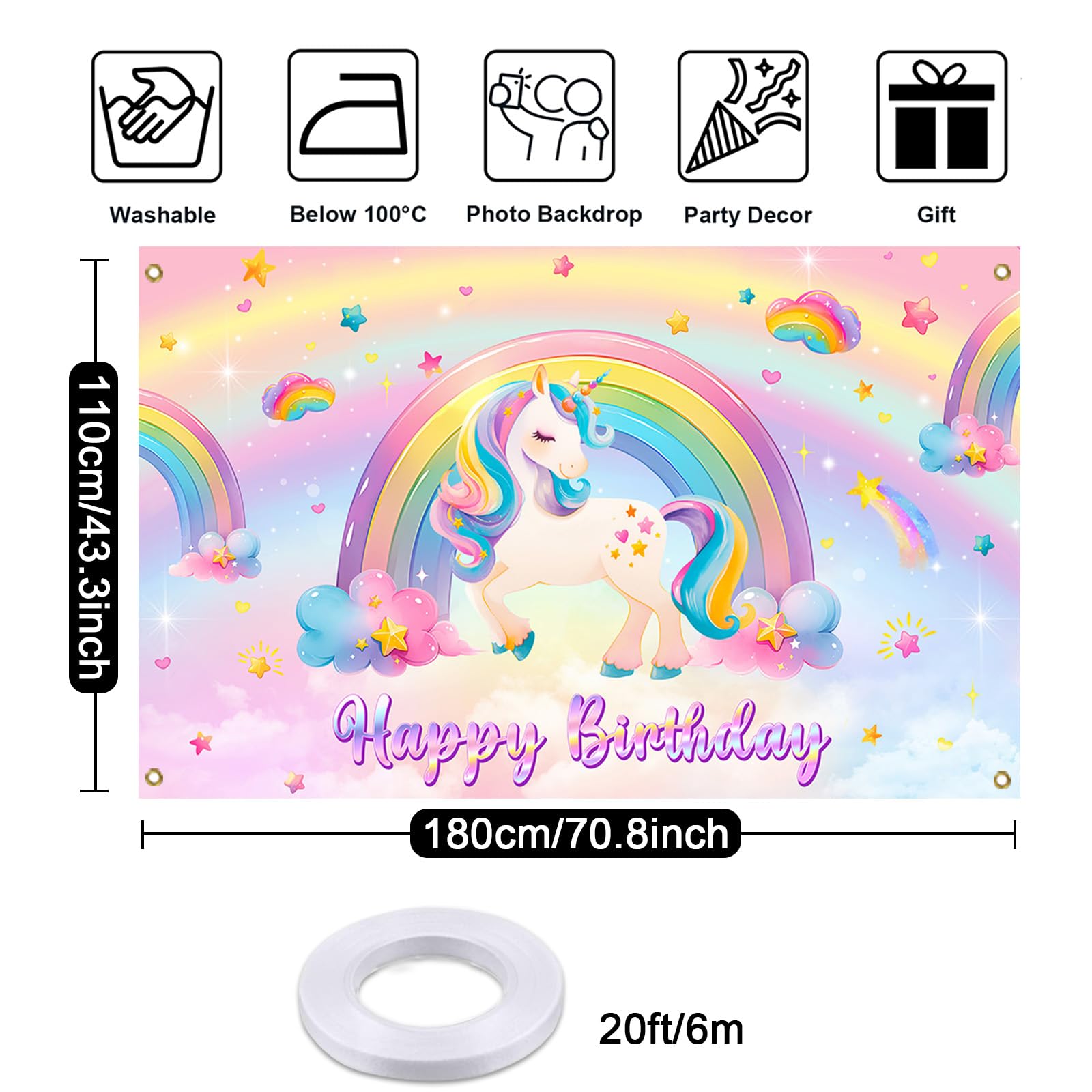 Mocsicka Unicorn Birthday Banner Backdrop Pastel Rainbow Unicorn Backdrop for Girls Birthday Decorations Party Supplies 70.8 x 43.3 Inch