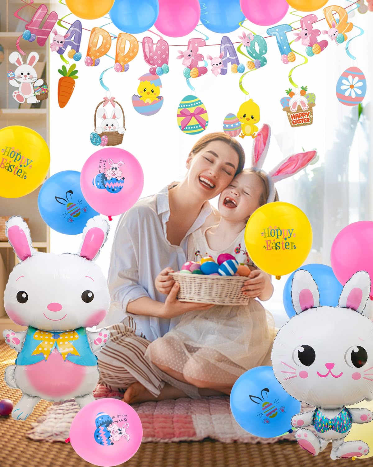 55PCS Easter Party Decorations Kit with Balloons Banner and Swirls
