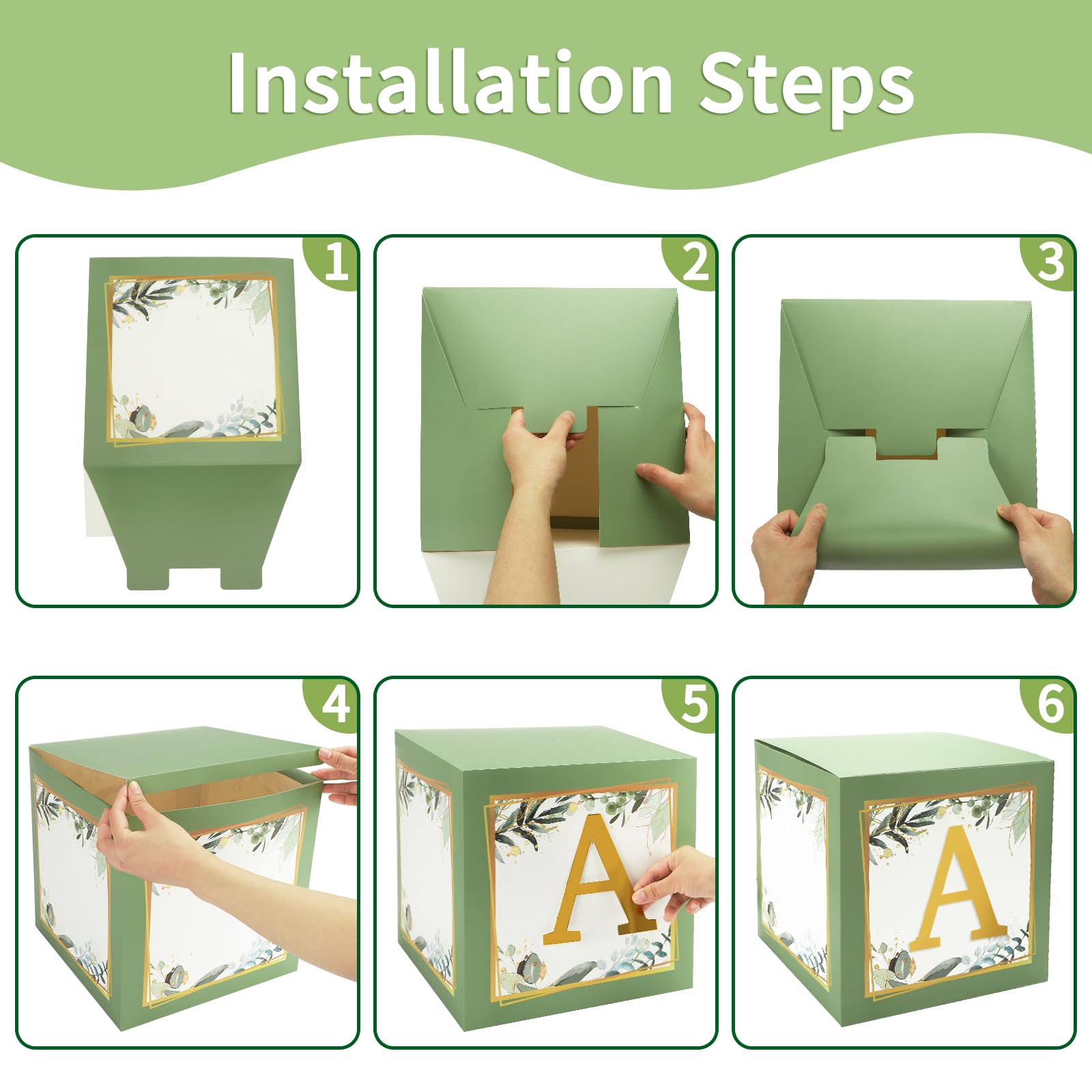 RUBFAC Baby Shower Boxes with Letters, 4pcs Sage Green Baby Shower Decorations for Boy Girl Balloon Boxes Gender Reveal Birthday Party Favors
