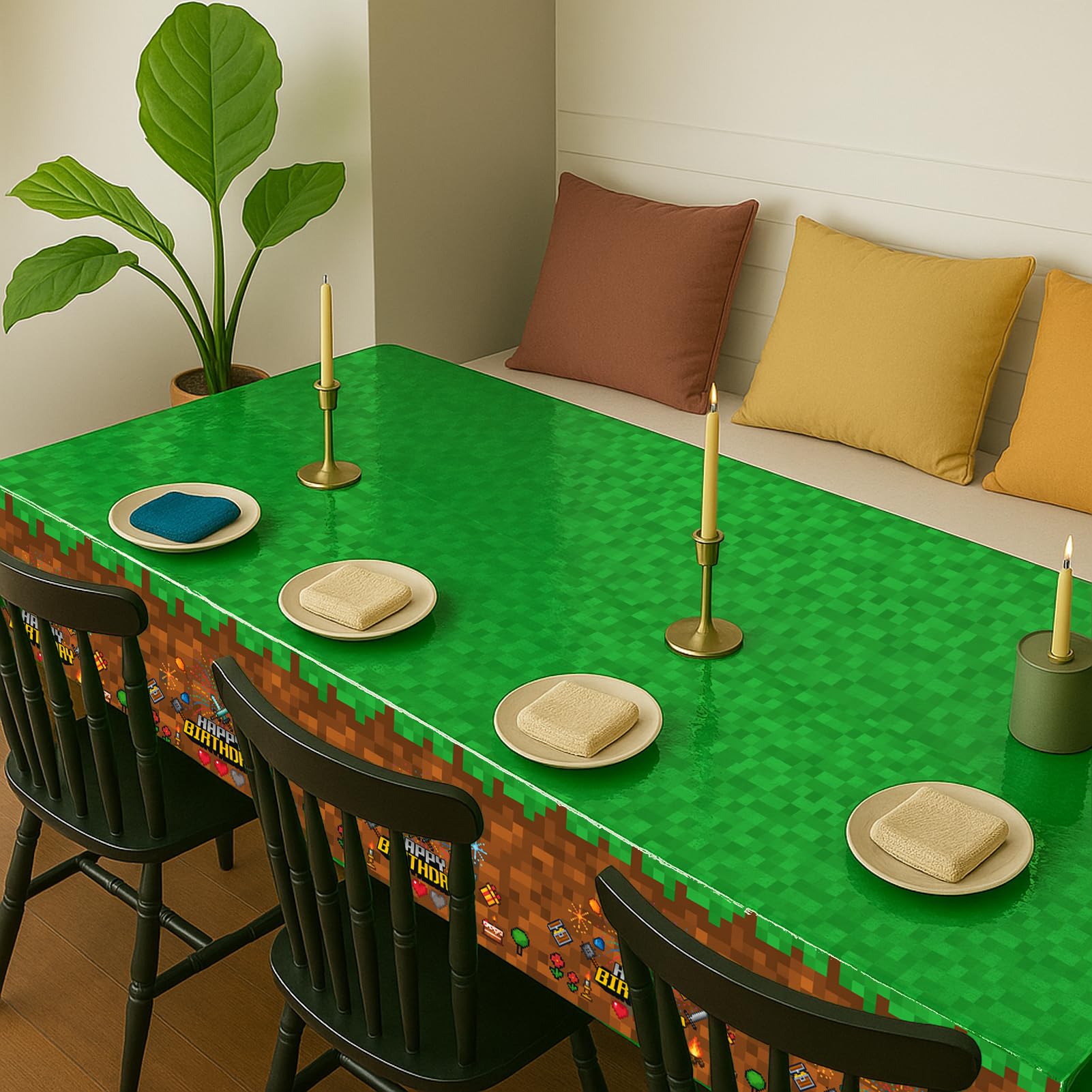 byojia 8Pcs Pixel Miner Party Decorations Tablecloth, 54" x 108" Gamer Birthday Tablecloth Disposable Plastic Pixel Gaming Birthday Decorations Table Cover for Kids Gamer Party Supplies