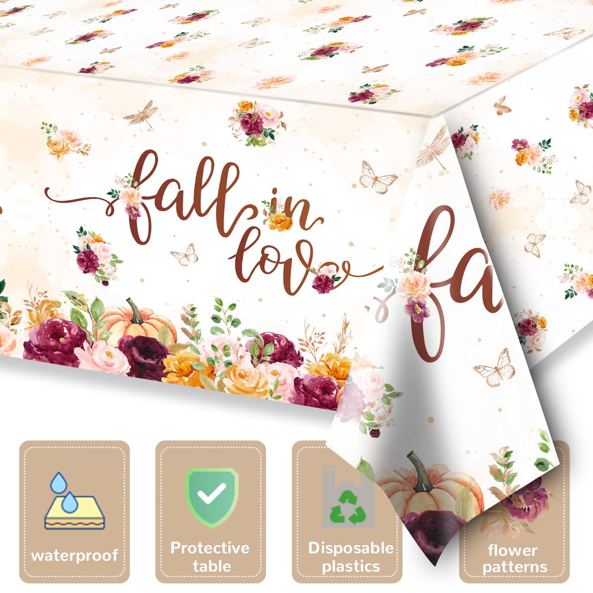 HAKOTI Fall Bridal Shower Decorations - 3PCS Maple Leaf Floral Disposable Plastic Rectangular Tablecloth Perfect for Engagements, Bridal Showers, Weddings