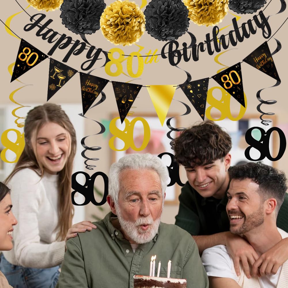TOBATOBA 80th Birthday Decorations Kit for Men Women, Black Gold Happy 80th Birthday Banner, Triangle Flag Banner 80th Birthday Party Decorations, Swirl Streamers Paper Pompoms Party Supplies