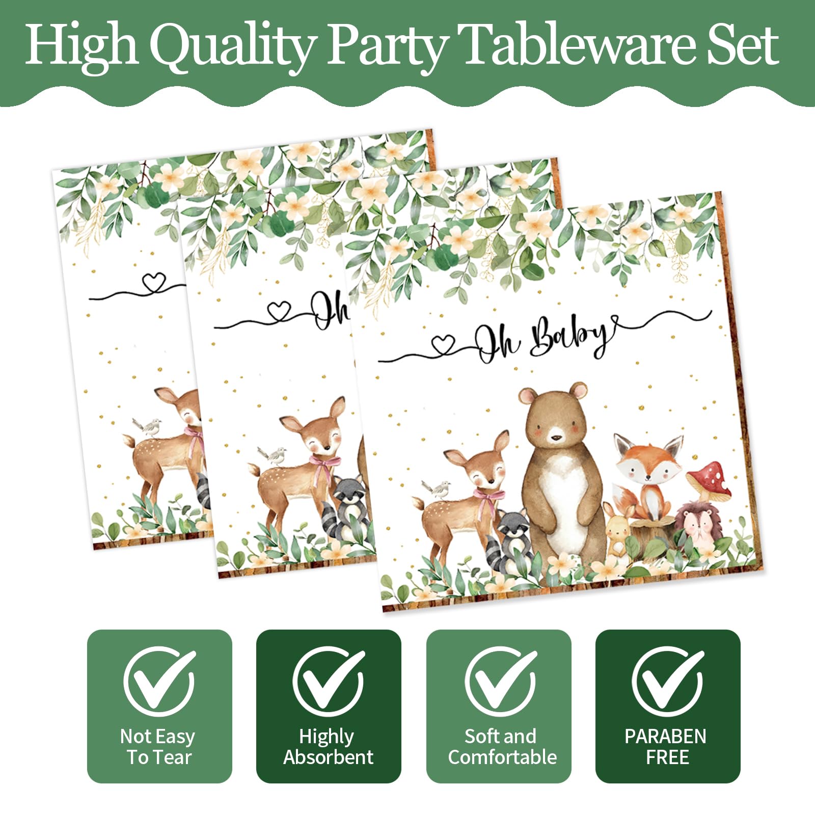 72PCS Woodland Baby Shower Plates and Napkins, Forest Animal Paper Plates and Napkins with Forks Disposable Tableware Set for Boys Girls Safari Jungle Animal Birthday Party Decorations