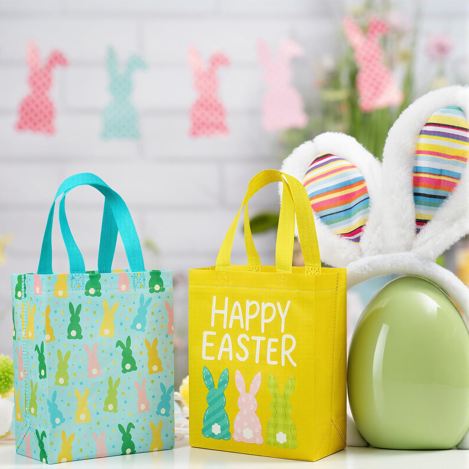 Wovnet 30 Pcs Easter Gift Bags Pastel Colors Easter Bunny Goodie Treat Tote Bags with Handle Reusable Non Woven Rabbit Party Favor Pouch for Spring Party Supplies 10 x 8 x 4in